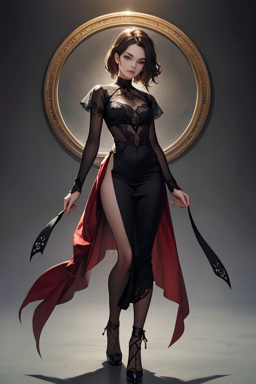 A portrait of an alluring goth girl with short black hair, a small bust, and a curvy figure posing with her finger gently pressed against her lips as she gazes downward. She sits on the floor, her legs partially crossed wearing a short, black pleated skirt that reveals her pale thighs and sheer black thigh-high stockings. Her jet black, pixie-cut hair frames her face. She wears dark purple lipstick that matches her black corset, accentuating her tiny waist and ample hips. A black choker collar sits around her elegant neck. Her eyes are cast downward with alluringly darkened lashes. She exudes a mysterious yet beguiling aura. The lighting accentuates the contours of her curvy, petite posed form and clothing details. The nondescript background keeps the focus on her gesture and outfit. The image is photorealistic with intimate detail.