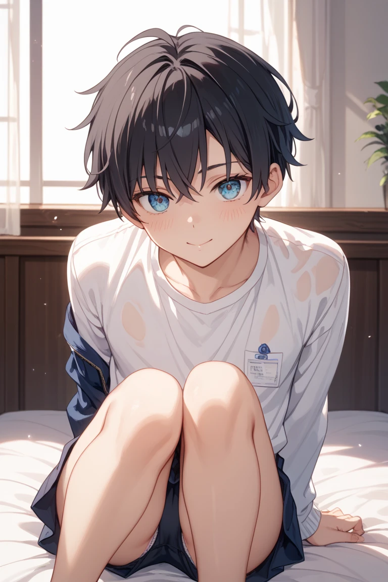 a boy sitting in a bedroom, wearing a white long sleeve shirt and blue underwear, viewed from the side,
