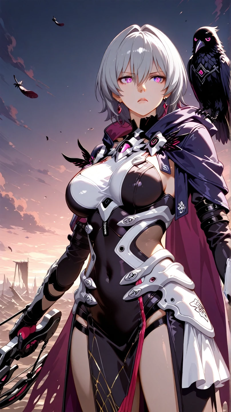 fantasy, 1girl,young_teen, ,silver_hair, short_hair, long_bangs, bare_shoulder,thighhighs,silver_armor, waist_armor, large_breasts,half_eyes,floating, bare_crotch, headgear,gauntlet, greaves,city_background,slightly_spread_legs, solo, groin_naked,hair_over_one_eye,rise_knee,rise_leg,smile