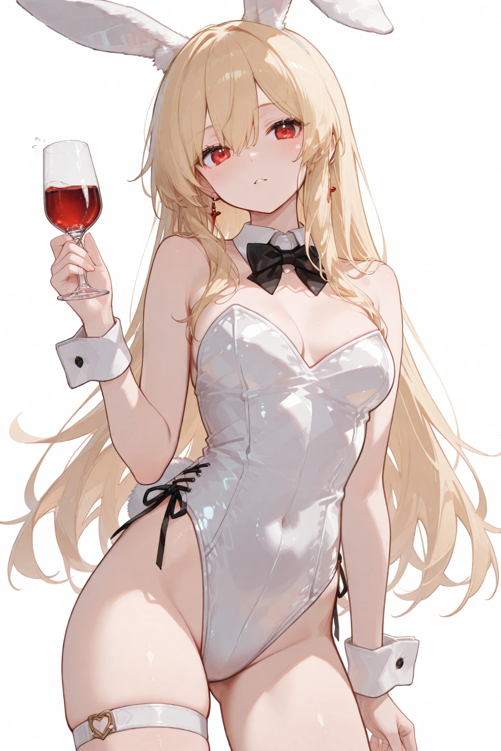 an adult girl, She has two pigtails falling over her shoulders, decorated with black ribbons, SHE HAS BLONDE HAIR, blue eyes and a very elegant black dress for a gala dinner with a cut that allows her to show her leg, wears beautiful evening makeup, He is at a gala party having a glass of champagne, full body image