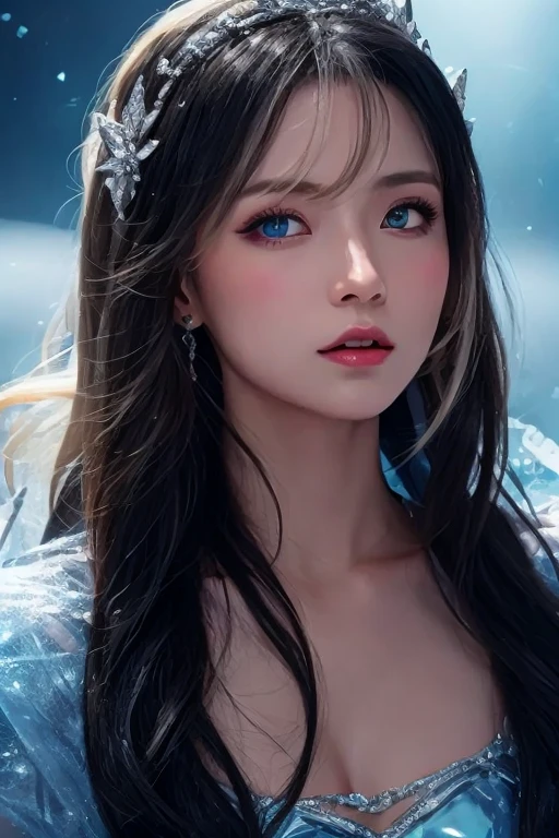 Close-up of a woman in a crown and blue dress, artwork in the style of Gwaiz, ((Blood splashes on the face)), Fantasy art style, Gwaiz, Stunning Anime Face Portraits, Jan J, Digital fantasy art ), Beautiful character drawings, Alice x. open, 8K high quality, detailed art, , Beautiful fantasy art portraits, ((analog film photo))