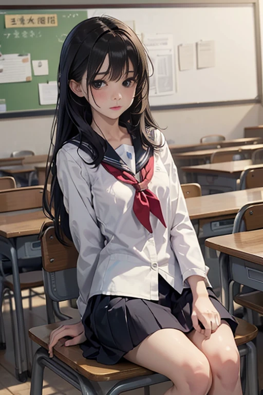 an anime girl standing in an empty room with a phone to her ear, 1girl, solo, , pantyhose, skirt, indoors, hairband, long hair, kasumigaoka utaha, looking at viewer, black hair, red eyes, breasts, blush, pleated skirt, black pantyhose, classroom, white hairband, long sleeves, bangs, neckerchief, closed mouth, desk, sailor collar, serafuku