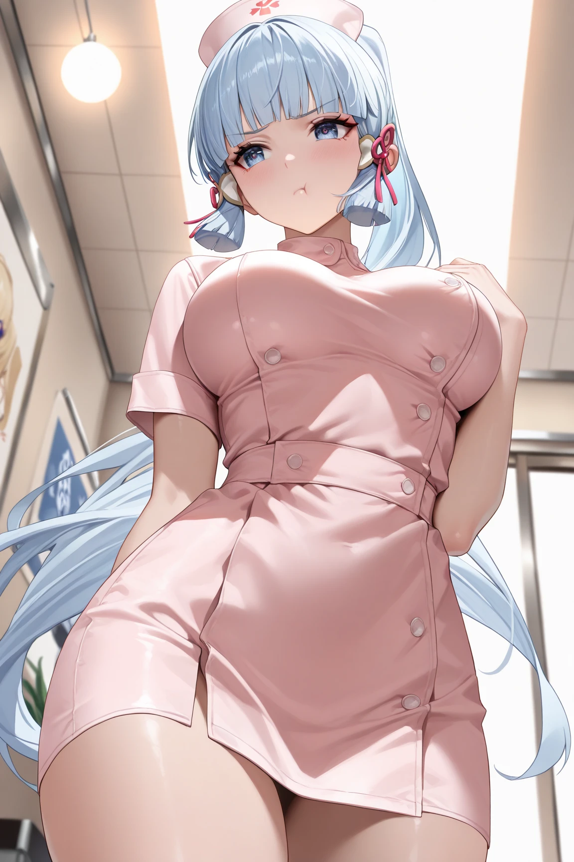 masterpiece, best quality, <lora:gopherthetastyle_10:0.7>,1girl, alternate_costume, arm_up, bow, braid, breasts, curtains, dress, hair_bow, hat, huge_breasts, long_braid, long_hair, looking_at_viewer, nurse, nurse_cap, pink_dress, single_braid, solo, tongue, twisted_torso, very_long_hair