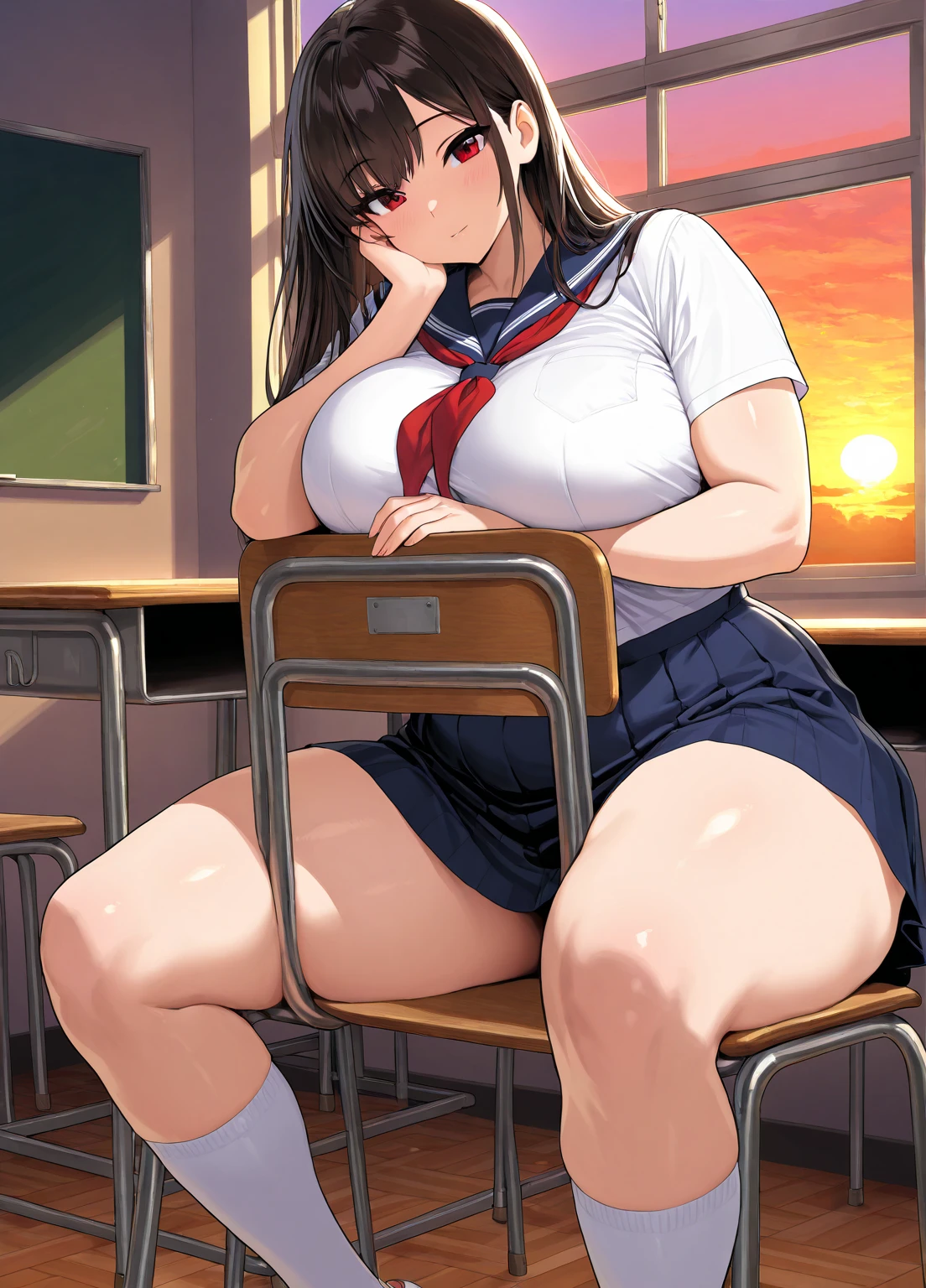 cute girl,(curvy body),huge breasts,wet pussy,white shirt,bow tie,checked pleated skirt,navy skirt,pubic hair,short hair,bob black hair,at gym,blushed,(tanned skin:1.1),muscular thighs,lying on back and spreading legs,black highsocks,loafers,satisfied,hairy pussy,creampie,orgasm,trembling,