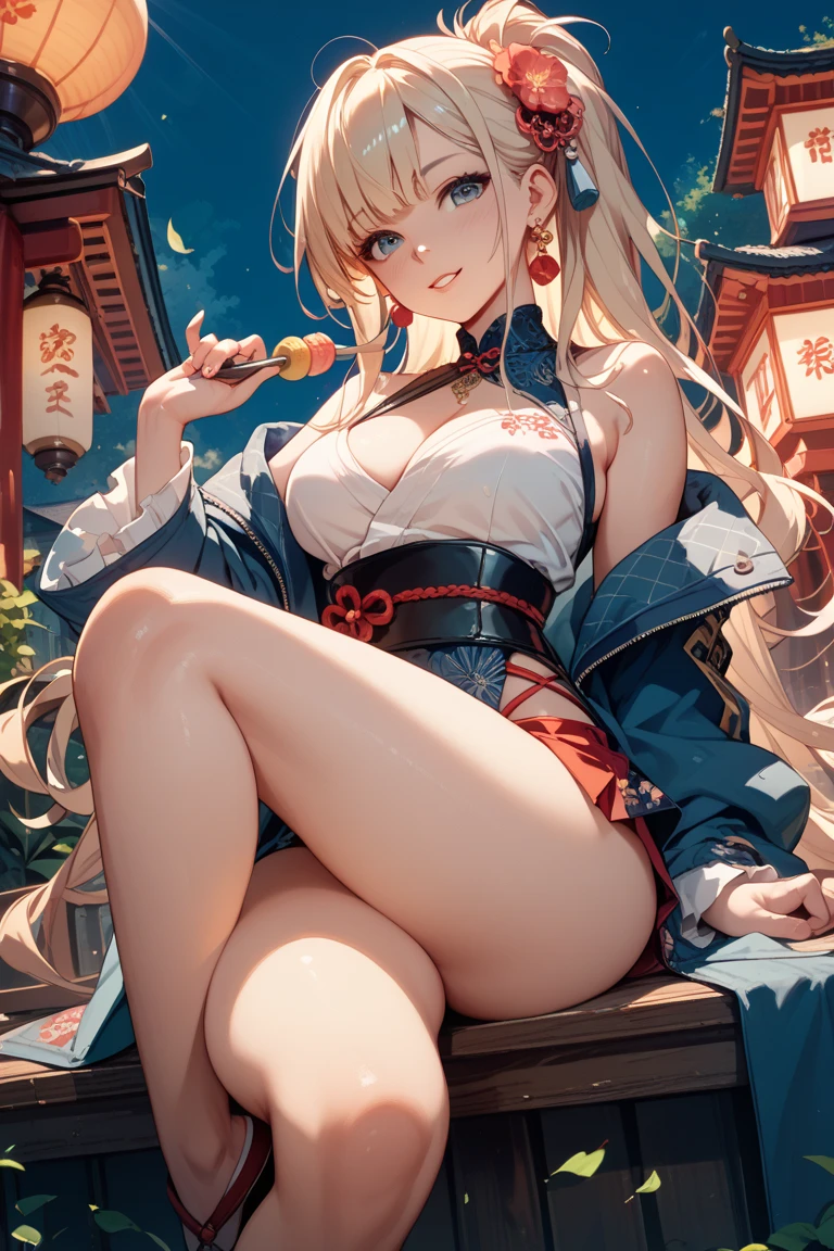 Official art, masutepiece, Sharp Focus, (Beautiful gorgeous cute Japan woman:1.3), (Beautiful cute Japan person:1.3), 花魁, Japanese beauty, Delicate Beautiful Hair and Eyes and Face, Realistic, Ultra-detailed, Beautiful Girl, Night time, An ancient Japan town, (side lights:1.2), Moonlight, Sit in front of a red Japanese umbrella, slender, Nice very big breasts and very big hips, Smile with teeth, ((Smile with eyes, open both eyes)), Scenery, sexy facial expression, Dynamic Hair, Detailed blonde hair, glow blue eyes, (Black kimono with butterfly pattern), pale skin, Sucking pipes, Hair Ornament, Epic Landscapes,