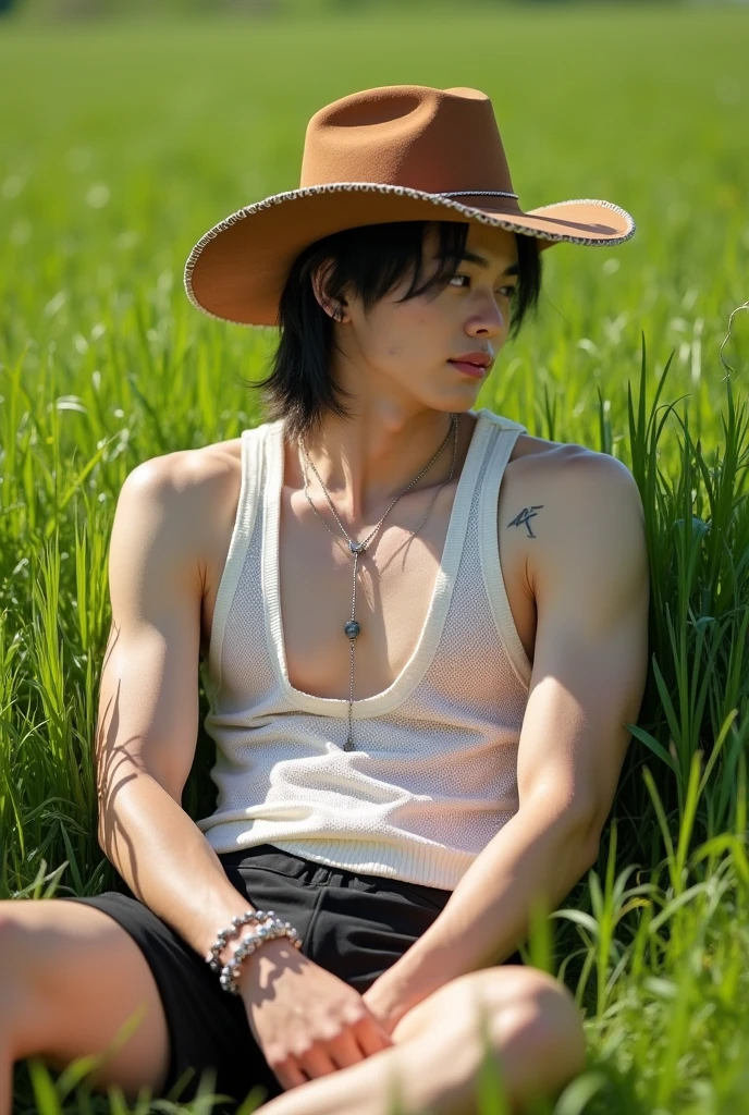 Young man in the straw hat, black hair, open button shirt in red, holding a violet-colored fruit with several spirals on the shell, bermuda jeans, a leather belt containing a revolver at the waist attached to the belt, X-shaped scar on chest, small scar below the left eye as if it were a small line lying down, bracelet on the arm containing a tiller, pirate flag tattoo with a straw hat on skull head on right arm, old west style desert scenery, cord with pendant in the shape of 🍖, holding a knife in one hand, hat with a red band around it, western style boots with spurs, pants with western style details, the scenario must contain a ship behind it, deteriorated due to being abandoned for a long time