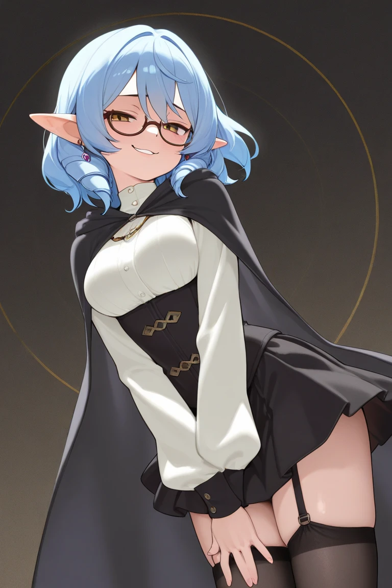 sucrose \(genshin impact\), masterpiece, best quality, highly detailed, 1girl, blue_eyes, elf, long_pointy_ears, medium breasts, pointy_ears, sitting, short hair, glasses, perfect hands, <lora:TsumasakySucrose_v1:0.7>, green hair, <lora:Retro-V1:0.8>, retro style, 1990s style,