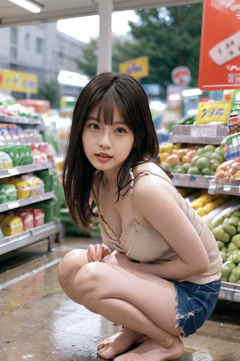 Japanese、reality、15 year old beautiful girl、high resolution、blouse、looking from the side、medium chest、((The girl is looking at the products at the convenience store))、((leaning forward))、Chest visible from collar、large areola