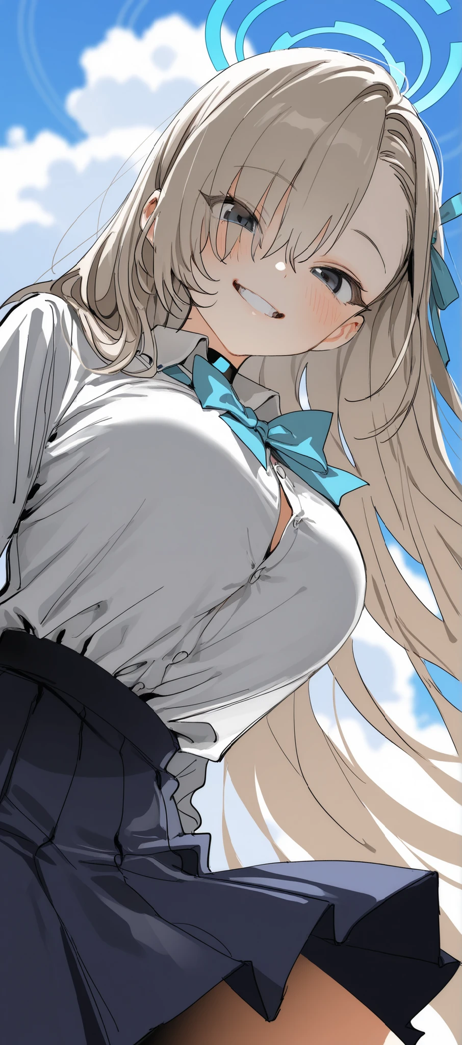 (by narue, by tatsumi \(psmhbpiuczn\), 
:1.25), masterpiece, best quality, amazing quality, very aesthetic, (best quality), (ultra-detailed), (4k), (incredibly detailed:1.4), masterpiece, best quality, amazing quality, very aesthetic, perfect composition, intricate details, 1girl, Asuna (blue archive), potrait, close up, details face, {{{best quality}}}, {{ultra-detailed}}, {illustration}, {{an extremely delicate and beautiful}}, solo, looking_at_viewer, smile, teeth, blush, from_below, closed_mouth, sky, wind, cloud, looking_down, detailed background, blurry background, depth of field, lighting, sketch, in a dynamic motion, motion blur, upscale, uniform