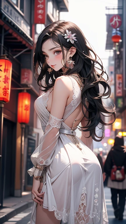 (masterpiece, beautiful woman with long hair and flowing curls, dons a fashionable outfit, adorned with a stunning white dress, in the midst of a post-war night scene amidst a city in ruins, gazes intently at the viewer, meticulously crafted in 8K resolution, Brazilian beauty flaunts a voluptuous figure highlighted by a big ass and shapely legs, medium chest accentuated by the intricately designed dress, creating a captivating and alluring silhouette).