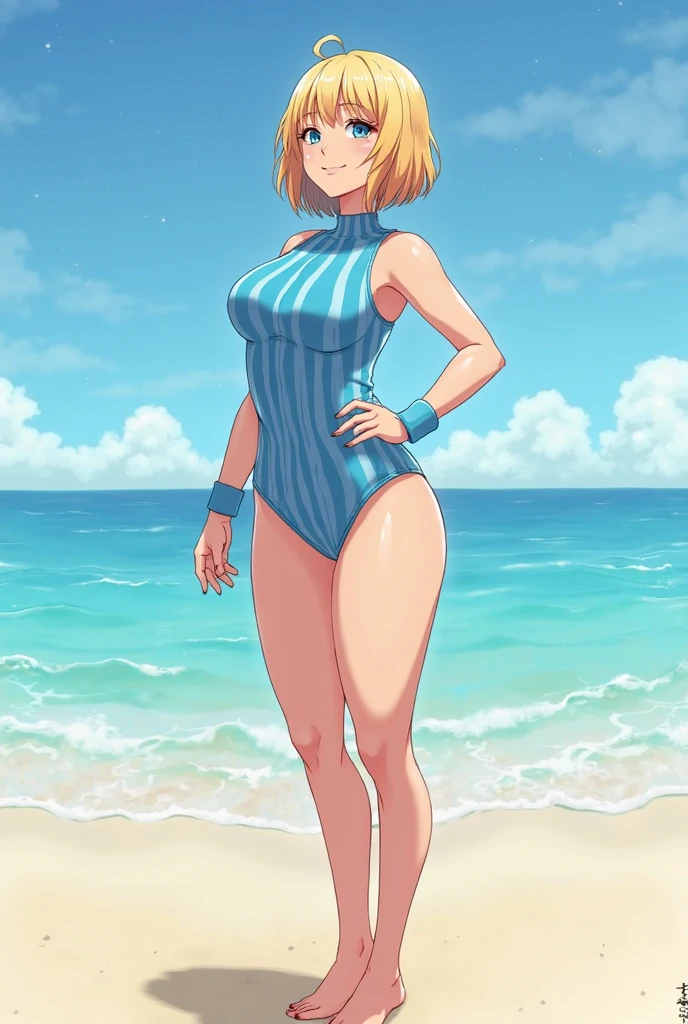 takada akemi, painting \(Moderate\), RETRO ARTstyle, traditional media, watercolor \(Moderate\), 1980s \(style\), (only one girl), ((alone)), short hair, blue eyes, blonde, smile, fine eyes, perfect functionality, (masterpiece), (highest quality:1.4), disorganized, [:intricate details:0.2], moist skin, shiny skin, Glossy skin, (masterpiece, highest quality, good quality:1.4), masterpiece, intricate details, ((2 piece swimsuit)), (looking at the viewer), outdoor, beach, close, sexy