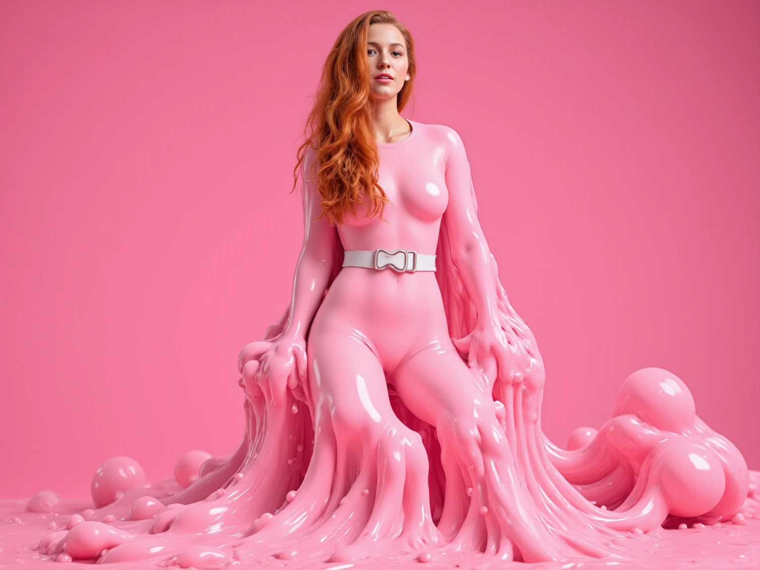 (full body shot, ultra-detailed, best quality, photorealistic:1.37, 4k, realistic, photography, female model, curly redhead, dressed with jelly, slime, fluid, dense fluid, wet, neon lights, iconic pose, very dark, low key, detailed facial features, pink fog, vibrant colours, 35mm)