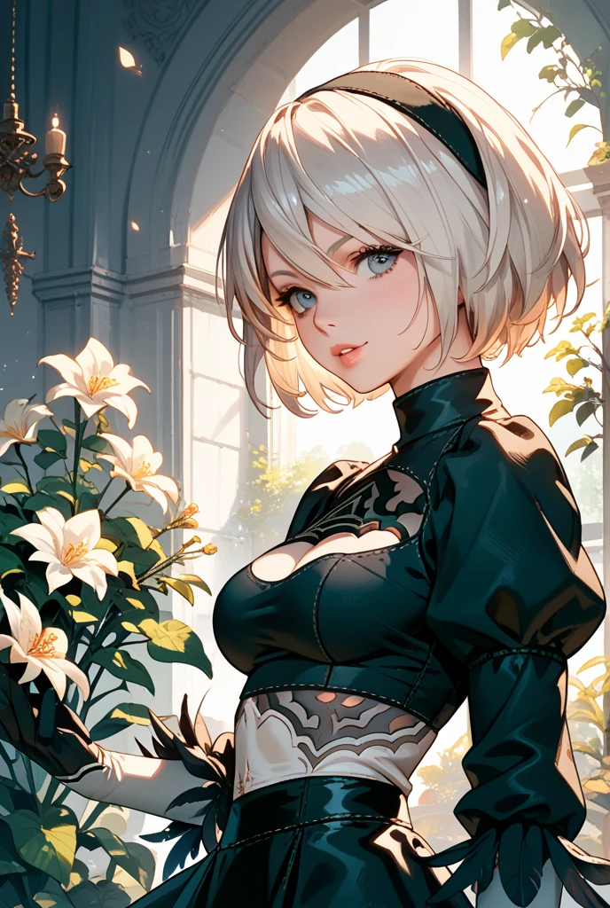 breasts, cleavage, green background, hair between eyes, hairband, highres, juliet sleeves, long sleeves, nier (series), nier automata, puffy sleeves, red lips, shaded face, short hair, solo, turtleneck, upper body, white hair, sky