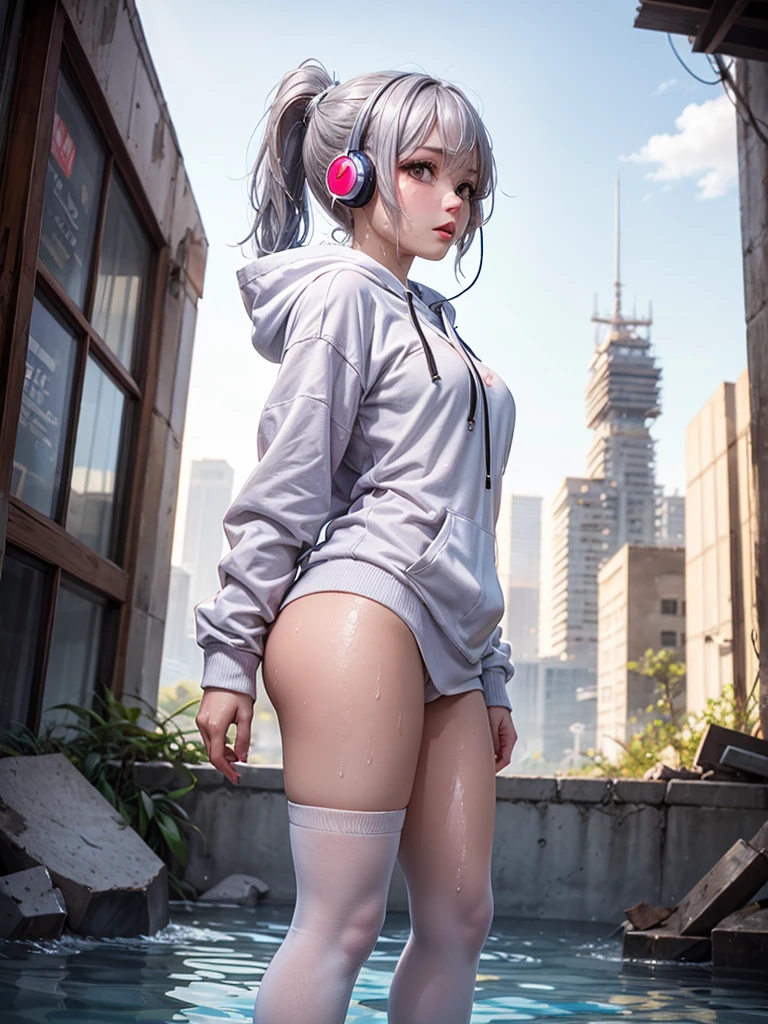 (photorealistic:1.8, highest quality:1.8,8K masterpiece:1.8,High resolution,muste piece:1.8,RAW Photos,cinematic lighting),No split screen, cyber punk、Back alley of the city at night、rain-soaked ground、vapor、
(1 android girl:1.3)、Completely naked、full body tattoo、choker、beautiful breasts、shirt、Denim Micro Shorts、beautiful butt,beautiful thighs,plump nipples、Nipples are visible through the costume,cameltoe,Body painting with a pop design drawn all over the body、pop art design、cutting edge fashion、conceptual art、
(Beautiful shining blue-white hair:1.5)、Stoic、(back view、back pose:1.3)