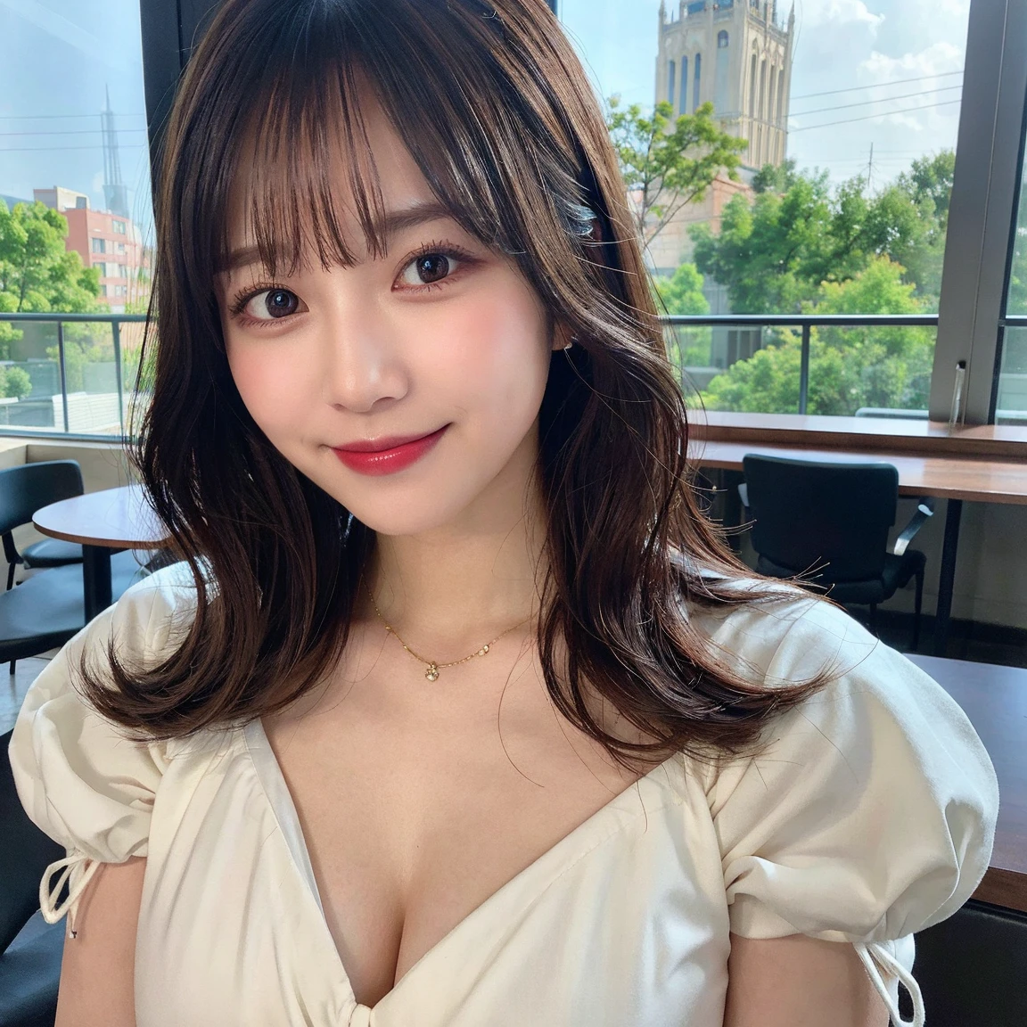 highest quality, shape, Very detailed, finely, High resolution, 8k wallpaper, 完璧なダイナミックな構shape, Beautiful and detailed, Summer clothes,Medium Hair,Natural color lip,smile,20-year-old girl、Midnight、Beautiful and elaborate face、Perfect and beautiful face、Slim face and figure,spread your arms wide,Big eyes,Take a photo with your face raised from below your knees、Small face、Beautifully detailed face、Perfect and beautiful double eyelids、Big cleavage、Long, slender legs、One Woman、gravure、Skinny jeans、Watching the audience、stroll