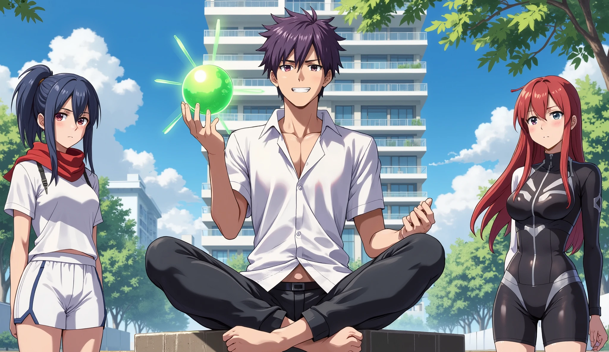 A high-quality anime-style scene of a confident young male character sitting cross-legged outdoors on a sunny day in front of a modern school campus. He has spiky purple hair, a slightly torn white school uniform shirt revealing a toned chest, and is holding a glowing green magical orb above his hand. His expression is relaxed and powerful. The lighting highlights realistic skin tones and detailed shadows. To his sides stand two young women: one with long dark blue hair in a ponytail, wearing a sporty white outfit with a red scarf, looking serious; the other with long red hair wearing a tight, black futuristic battle suit, appearing calm and strong. All characters have unique facial features, natural body proportions, expressive eyes, and clean, anatomically accurate poses. The scene is colorful, sharp, and vivid, in the style of modern high-budget anime.