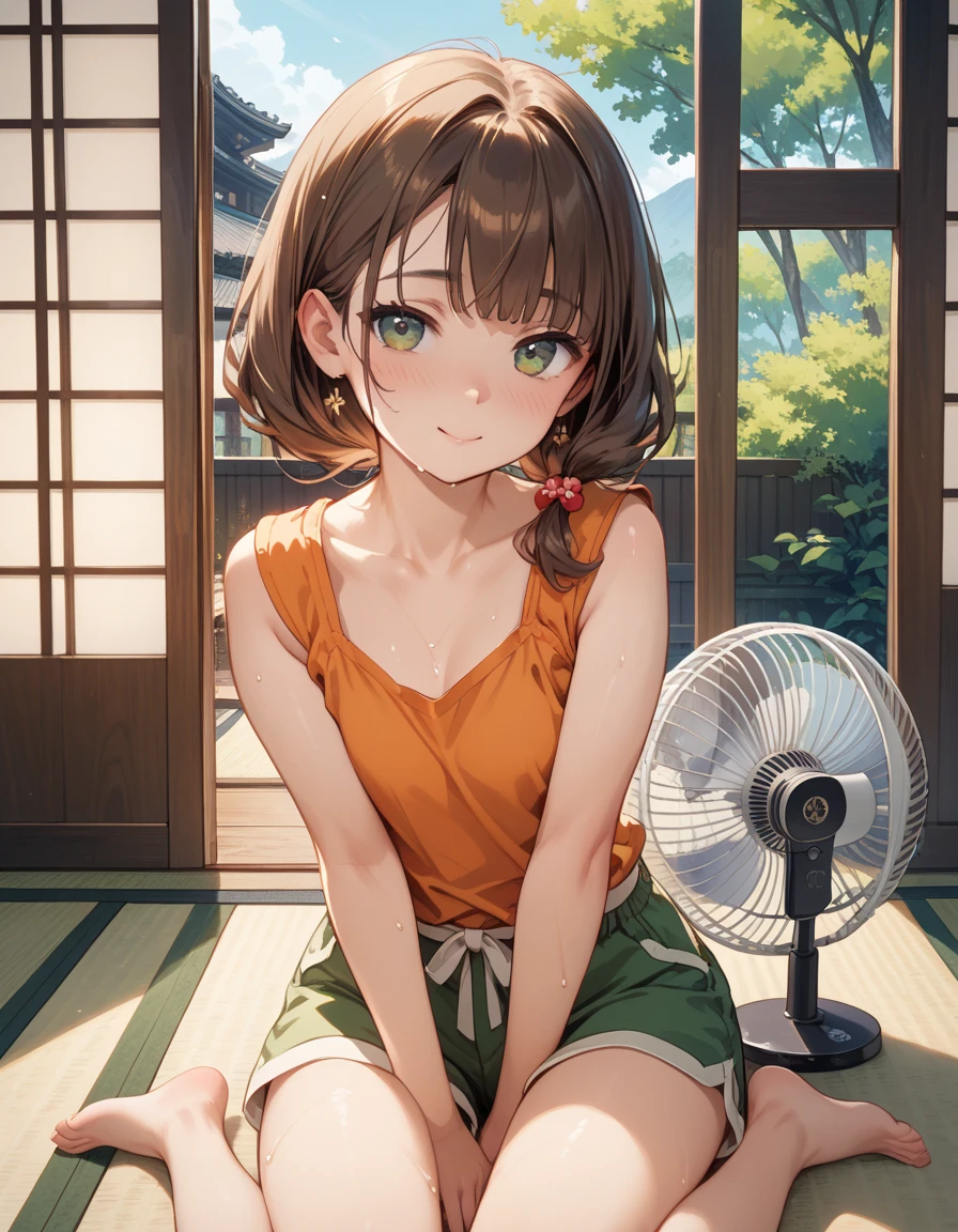 Red eyes, girl, holding a knife, yellow-green striped shirt with thicker stripes, red eyes glowing red, head tilted, short brown hair mushroom head, with a clear smile on his face, Chara, two-dimensional, standing among golden flowers with a ray of light above his head