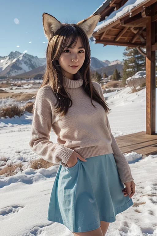 Japanese female elementary school student, belly button exposed, shoulders exposed, sweet expression, winter, Kluane National Park, Canada, snowy field