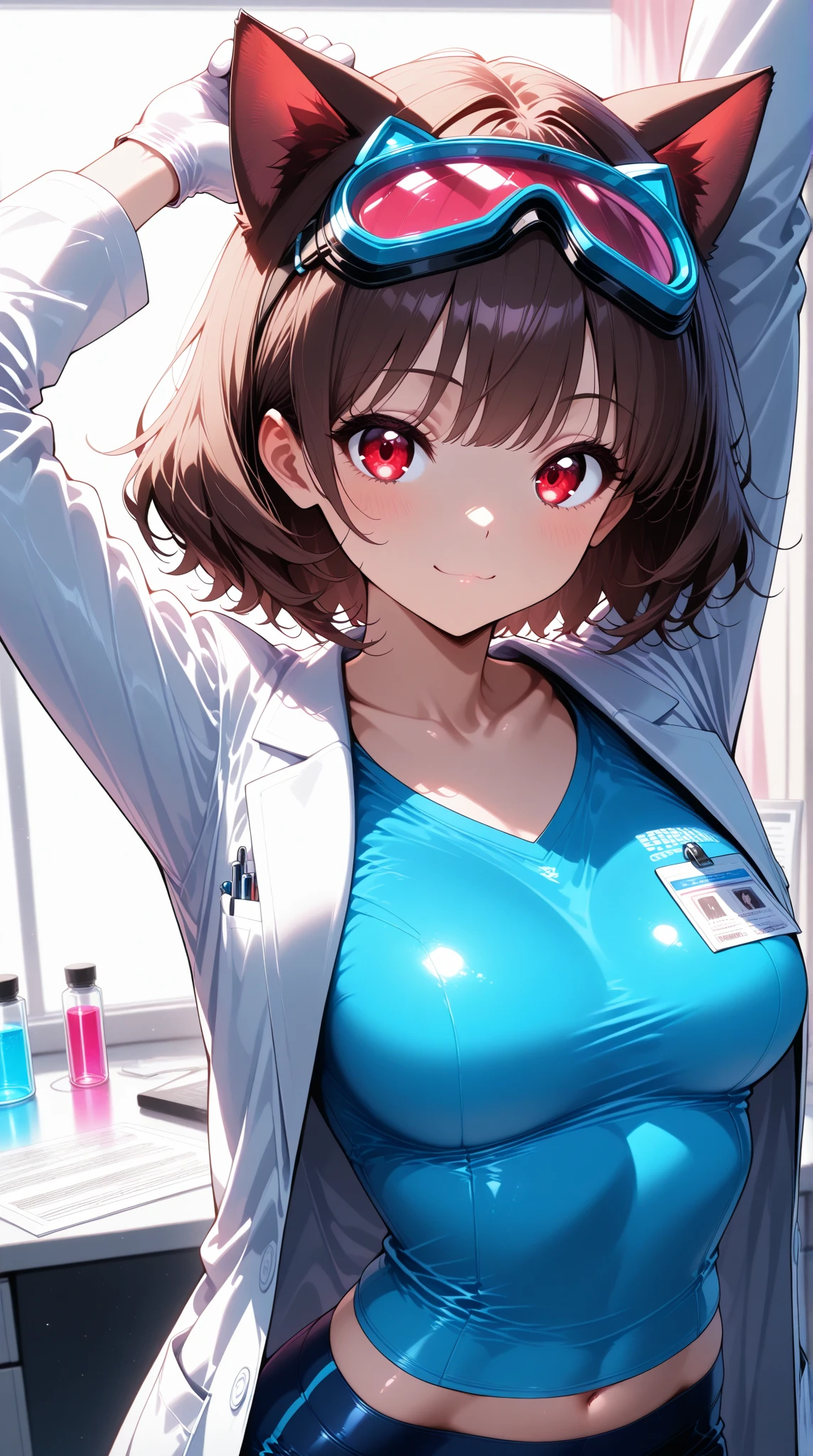 Masterpiece, realistic art, dynamic angle, slender toned build, sakurauchi riko love live, shiny detailed yellow eyes, lab coat, collarbone, cleavage, doctor, miniskirt, holding syringe
