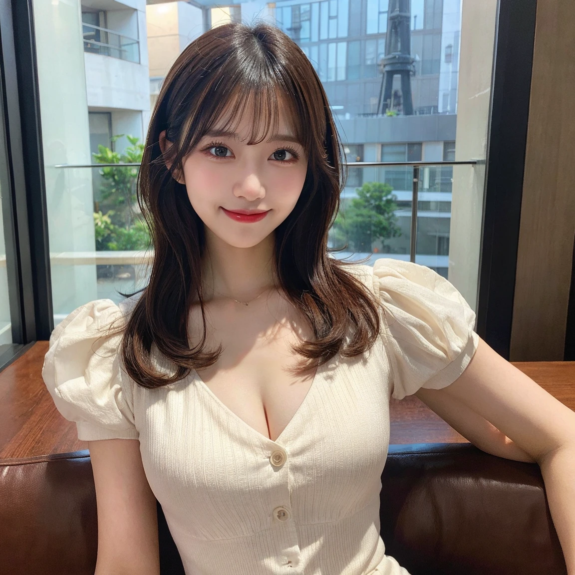 table top, highest quality, figure, super detailed, finely, High resolution, 8k wallpaper, 完璧なダイナミックな構figure, beautiful and fine eyes, colorful clothes, Beautiful dress,Fashionable dresses, medium hair, big breasts, branded bag, natural color lip, random sexy poses,smile,Dimples, Aoyama Street Walk、20 year old girl