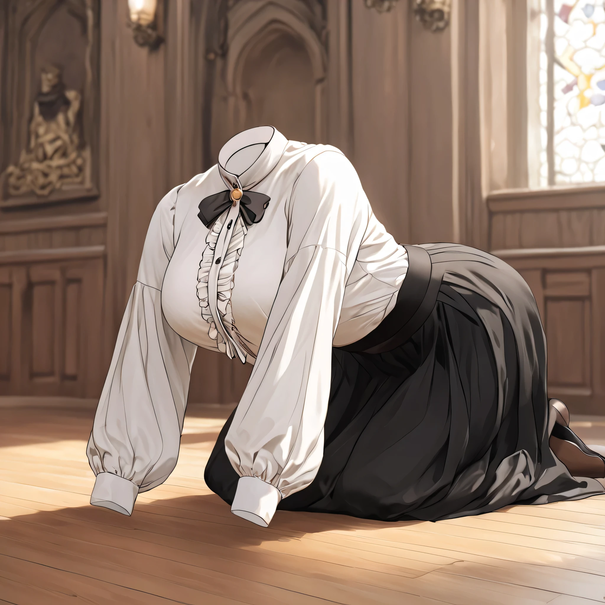 Hilda Valentine Goneril, white blouse, black skirt, Garreg Mach uniform, masterpiece, all fours on floor, in university, (invisible:1.5, no humans:1.5, headless:1.5, faceless:1.5), cute big huge breasts, detailed cloth texture, extremely details, close-up to breasts, (Best-quality, Masterpiece, Ultra-High-Resolution), transparent, invisible person,