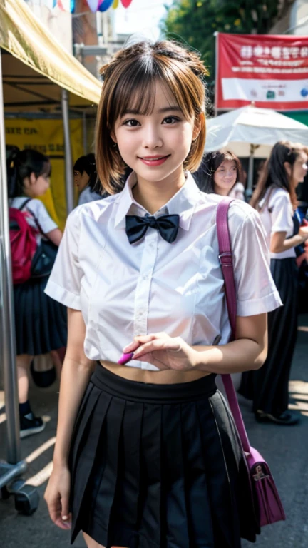 ((Many female students:1.5)), 16 years old, Grin, Low length, Japanese, (((Short sleeve white collar shirt:1.5,Navy blue checked mini skirt:1.5,Red checkered bow tie on chest,Black underwear:1.5))), (Big Ass:1.5), (Super huge boobs:1.5), Huge breasts, bulging udder, (Chubby:1.2), Glowing Skin, Baby Face, Porn Pose, Full body portrait, In a crowded train:1.1,