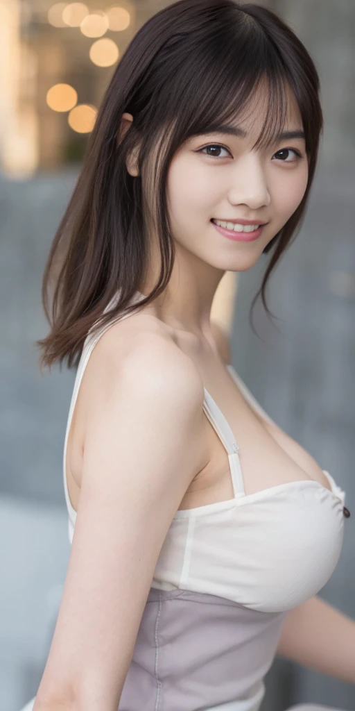 Tabletop, highest quality, 
Very detailed, In detail, High resolution, In 8K,
((Photorealistic:1.4, Raw photo, 超A high resolution,Best image quality: 1.4)),
wallpaper, 
((Perfect body composition 1.5)), 
Beautiful fine details, Natural color lip,
((穏やかなsmile:1.5)),
((Random cute hairstyles)), 
((Quite large breasts、I can see your chest:1.6)),
((from the front:1.5)),
((Proudly、Look under the eyes、Proudly、Mole on arm:0.9)),
((Randomly blurred background)),((The Sunset Sun)),((Place your fingertips on your lips)),
((Random and cute expressions)),, 
Highly detailed and professional lighting、
Perfect dynamic composition, Beautiful fine details,((looked back:1.5)), ((White camisole:1.5)),((Micro Mini Skirt:1,5)),((smile,Harajuku)),((Looking into the camera))