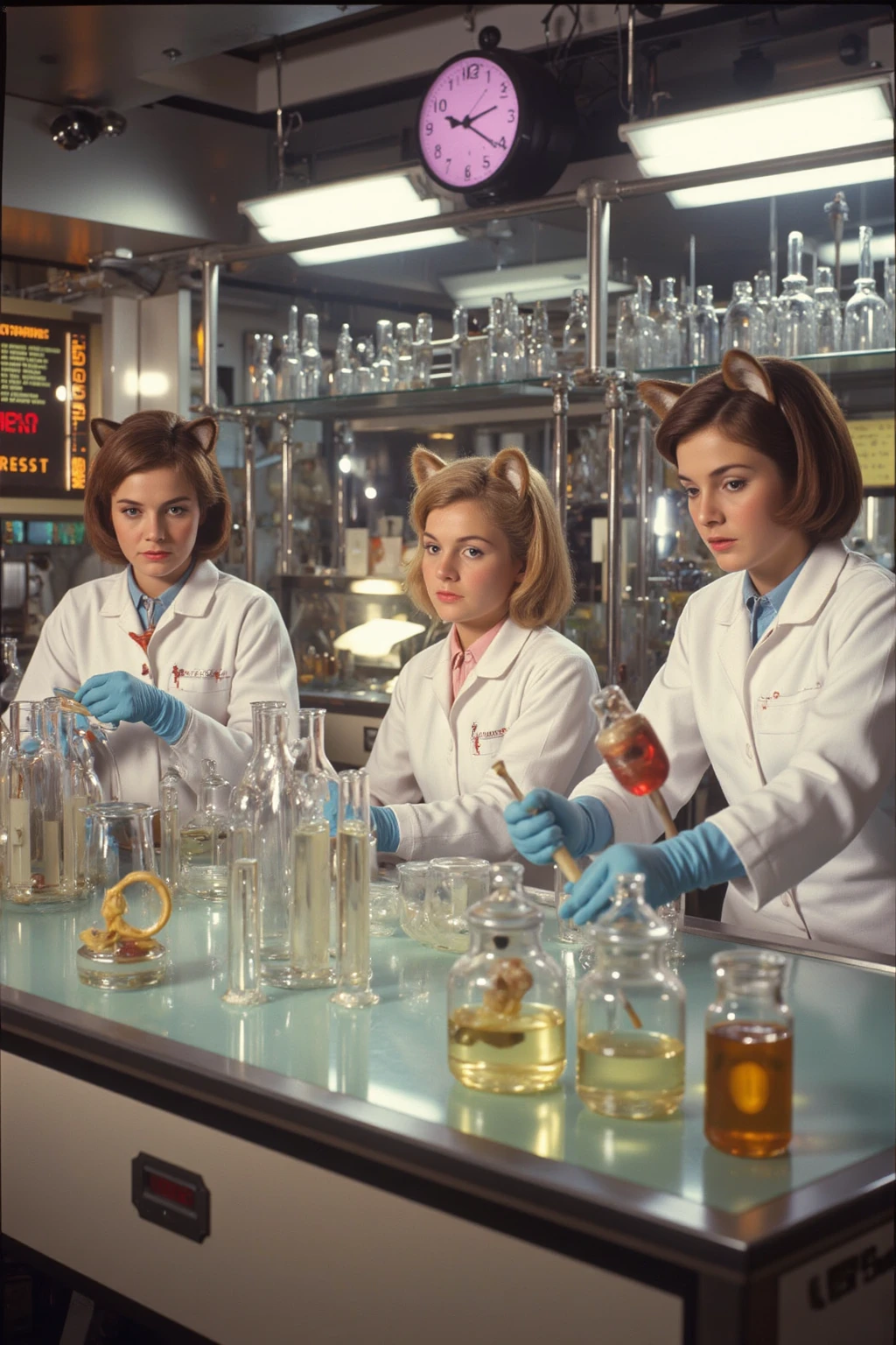 hyper photorealism, perfect anatomy, realistic character, very high contrast lighting, cinematic lighting, dramatic lighting, profile, shot from the back, shot from below, (((one girl on a chair is repairing a machine in the steamy smoky workshop))), (a 19 yo girl, (Ana de Armas:0.70), (redhead:1.1)), very cute and smiley, (perfect eyes:1.1), photorealistic wavy hair, a girl in a steampunk jumpsuit in light gray color, intercom headset, steampunk choker, long leather boots, perfect detailed face, detailed symmetric green eyes with circular iris, fixing a steam engine in the steampunk garage filled with steam and smoke, cogs and gears, steamy background with lots of steam pipes and steam valves and pressure gauges and gears, intricate background, very highly detailed costume, very highly detailed background, steampunk fantasy style, steampunk , steampunk aesthetic, steamy, Canon 5D, f1.8 lens