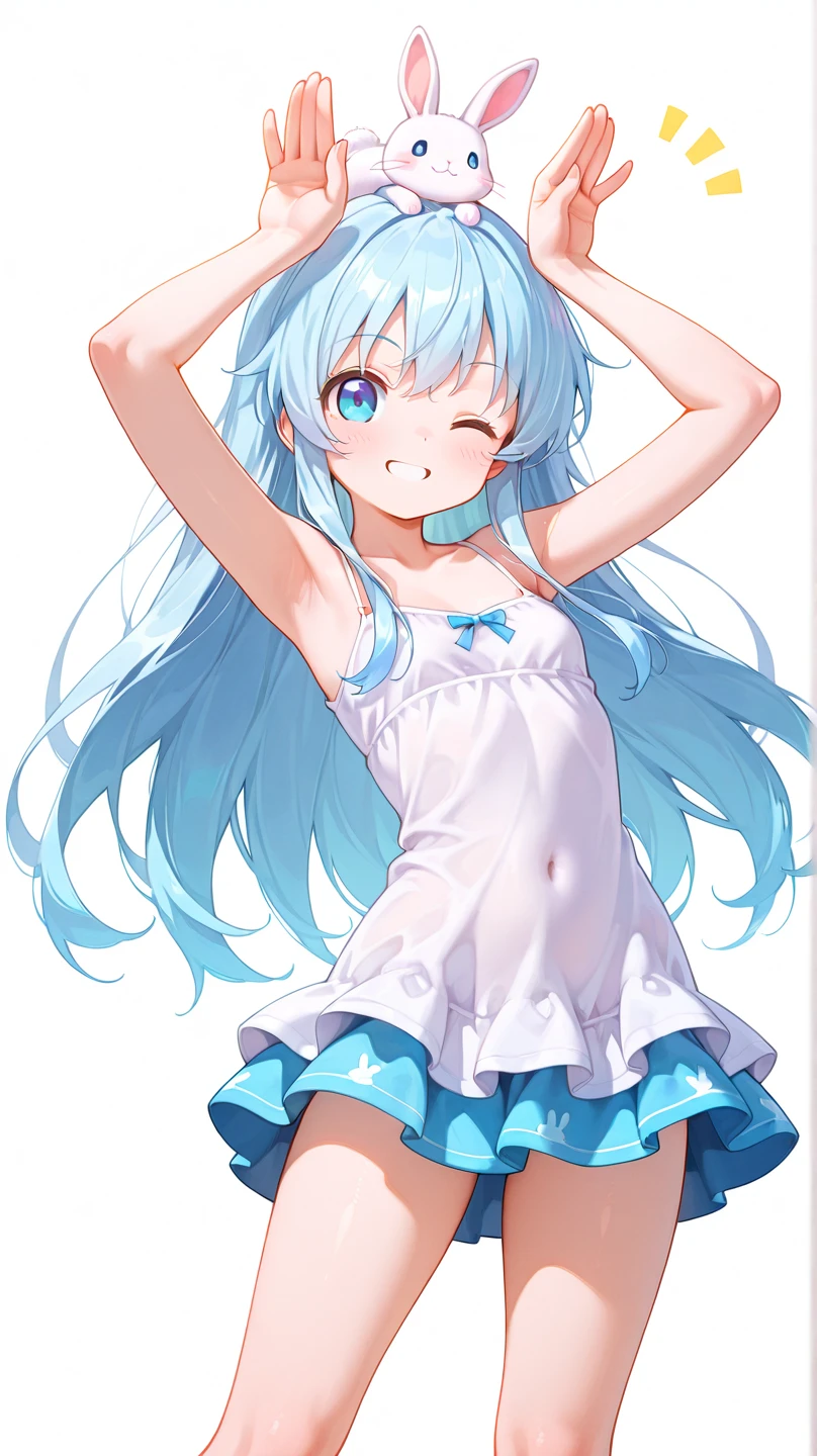 Raise your arms and stretch out, Stretching upwards, white home dress, light blue long hair, white background, embarrassed, scared,