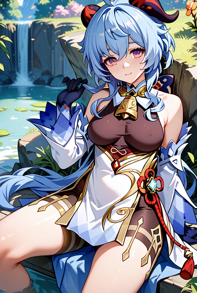 (best quality, masterpiece) 1girl, solo, looking at viewer, blushing, detailed design, 8K, accurate body, Ganyu /(genshin impact)/, beautiful eyes, perfect face, sitting on the rock