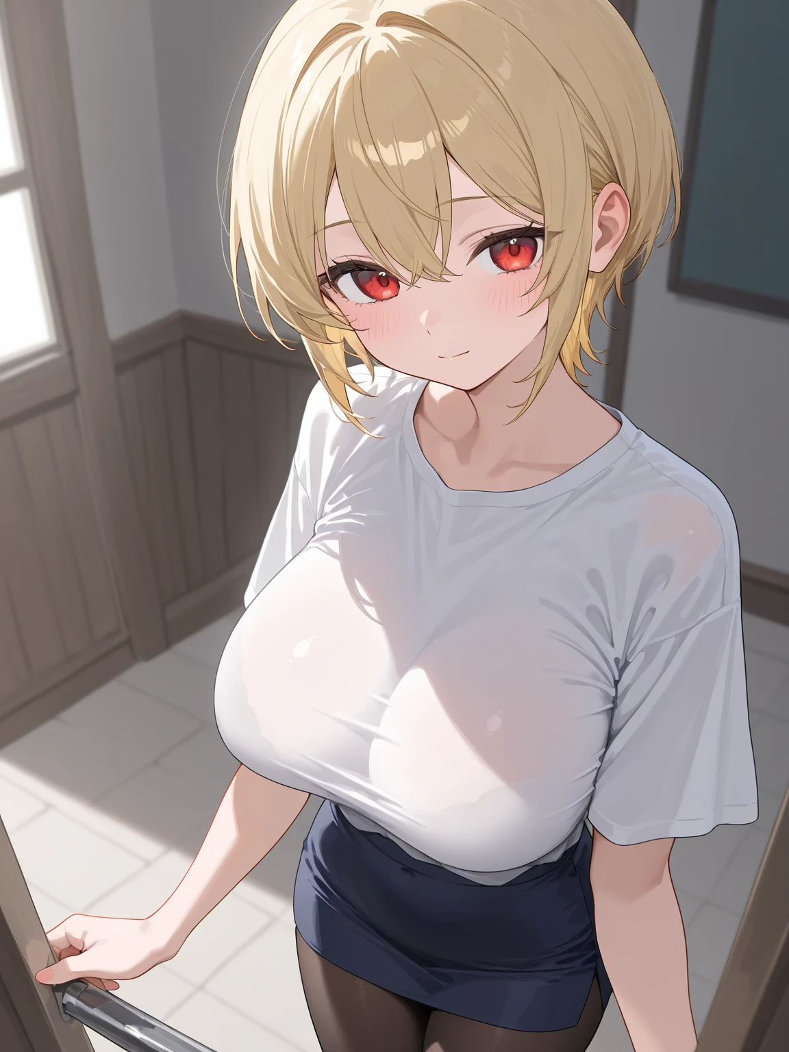 ①morning，(lighting forward:1.9) .
②：Highest quality, Anime Moe Art Style,最高のアニメ8Kこなちゃんの壁紙,pixiv Contest Winner,Perfect ???????, Very detailed,High resolution,Very detailed肌, Professional Lighting,8K ，
③：(One Girl:1.6), (Young)，(alone,13 years old:1.8),high school student, (short hair:1.4), (straight hair:1.6)，(normal breasts)，(hair over one eye:1.8),(light blonde hair:1.8)，Complete limbs,Full Finger, blue eyes, Big Eyes，(hairpin), beautiful detailed eyes, (pale skin:1.5)，one eye closed，sparkling pupils，(tareme).
④：(from front)，(close up:1.4).
⑤：(red polo shirt:1.5)，(shirt lift:1.9)，(darkgreen pencil skirt)
⑥：(topless:1.5)