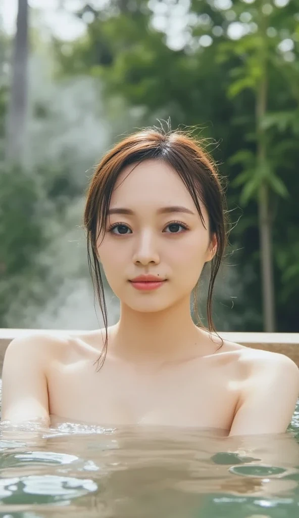 (8K、RAW Photos、Highest quality、masterpiece:1.2)、(Realistic、Realistic)、1 Girl、((naked、hot spring、relaxing after a hot bath、Big Breasts、Nipples、View from the front、smile、Look at the camera and smile、stand))、cute