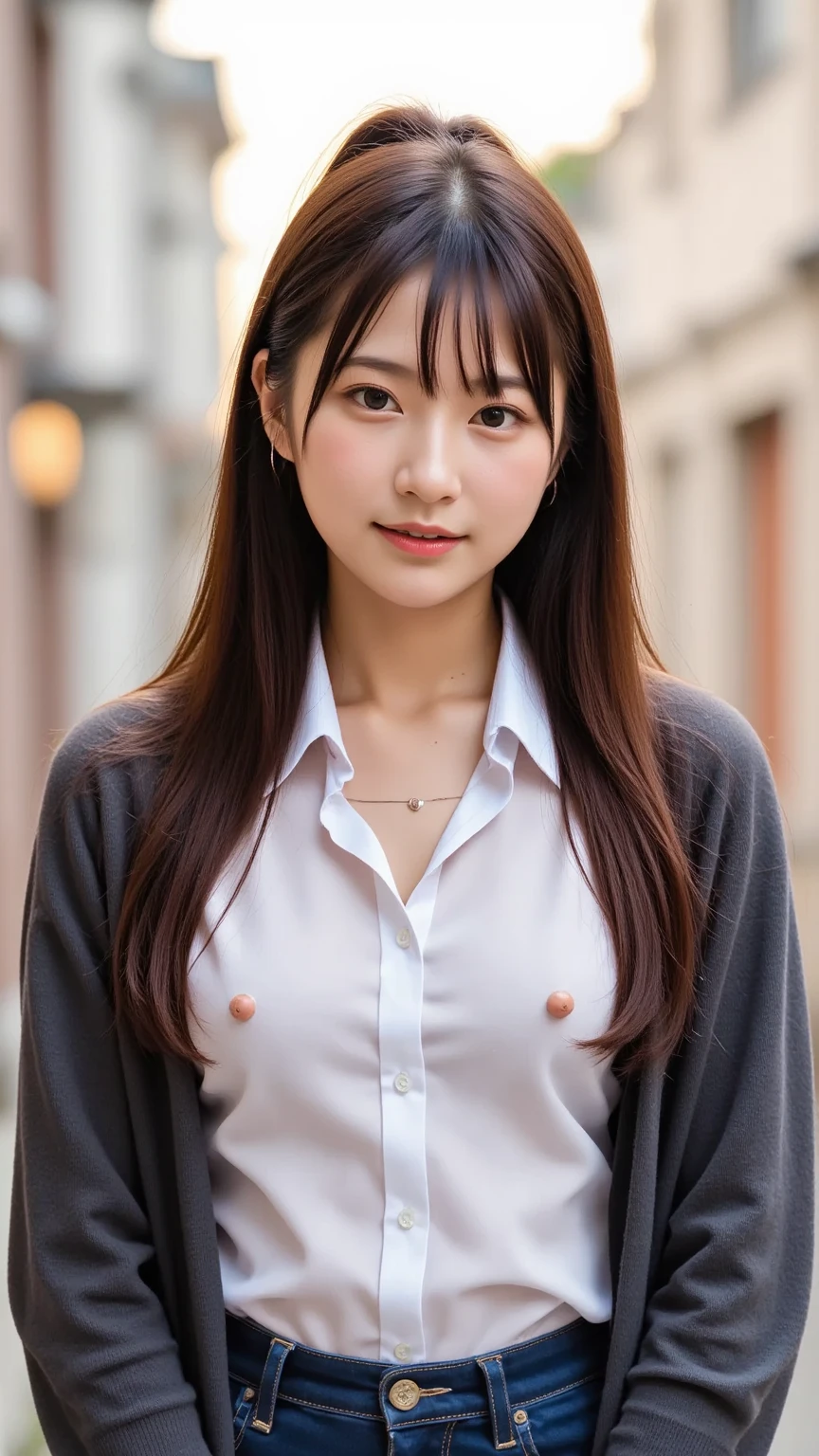 one girl,solo, (a beauty girl, delicate girl:1.3), (16 years old:1.3),very long hair,
break, ,((nsfw,nude,naked,bare breast,show off nipple,nipple,Small areola)),
break, very fine eyes,light smile, (symmetrical eyes:1.3),
break, (school gate, sunset:1.3), perfectly trimmed fingers,
break, small breasts, brown eyes, parted bangs, brown hair,
break, (eyes and faces with detailed:1.0),
break, (masterpiece, best quality, ultra detailed, detailed face, 8k),(full body),
