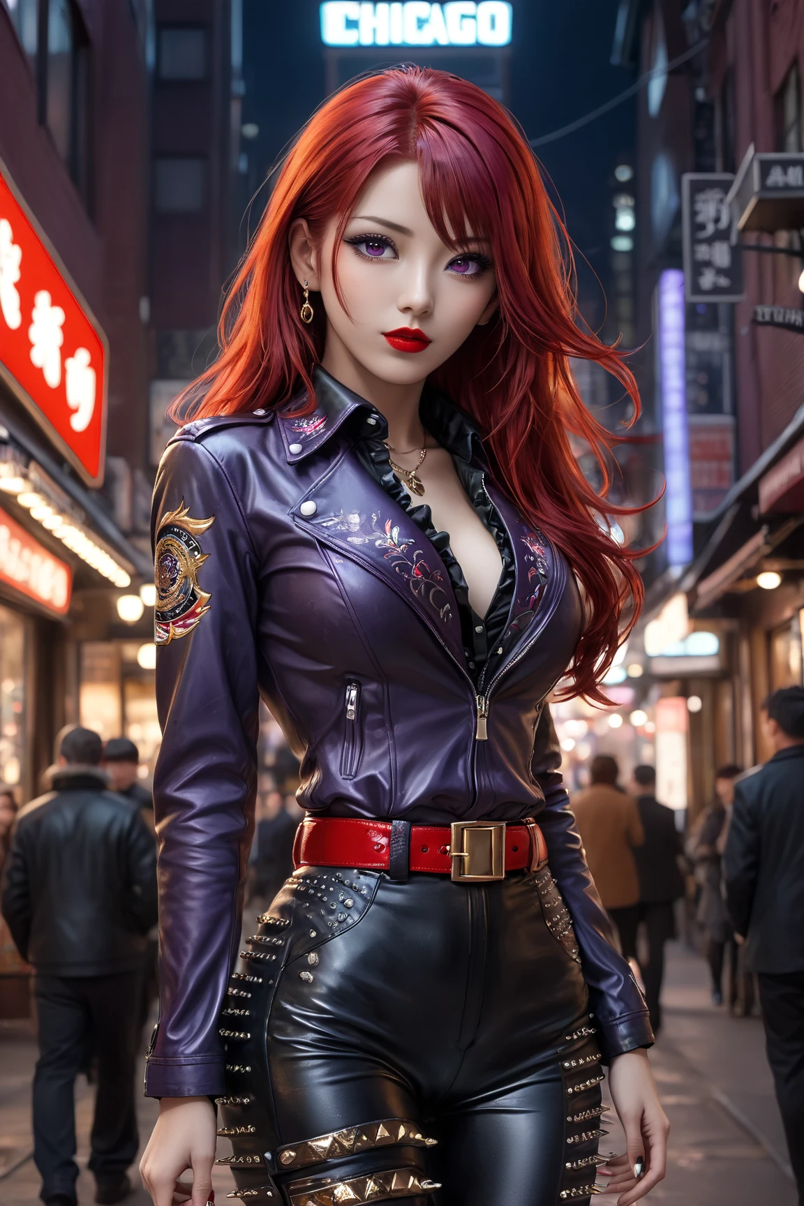 (Masterpiece, Best Quality, High Quality:1.4), professional artwork, Intricate Details, field of view, sharp focus, detailed painting, masterpiece, cinematic lighting, trending on pixiv, (vivid lighting, vibrant colors, by by Nagasawa Rosetsu:1.05),
Hiroko Takashiro, (mature female, milf:1.1), solo, (curvy:1.1), 
(red hair:1.05), long hair, lipstick, makeup, ultra detail hair, ultra detail face, (purple eyes:1.05), perfect eyes, perfect face, earrings, (confused, blush:1.2),
shirt, jacket, (black thighhighs, garter belt:1.1), zettai ryouiki, latex, school uniform, highheels,
(Large Breasts:1.1), Cleavage, big ass, thighs, curvy figure --auto --s2