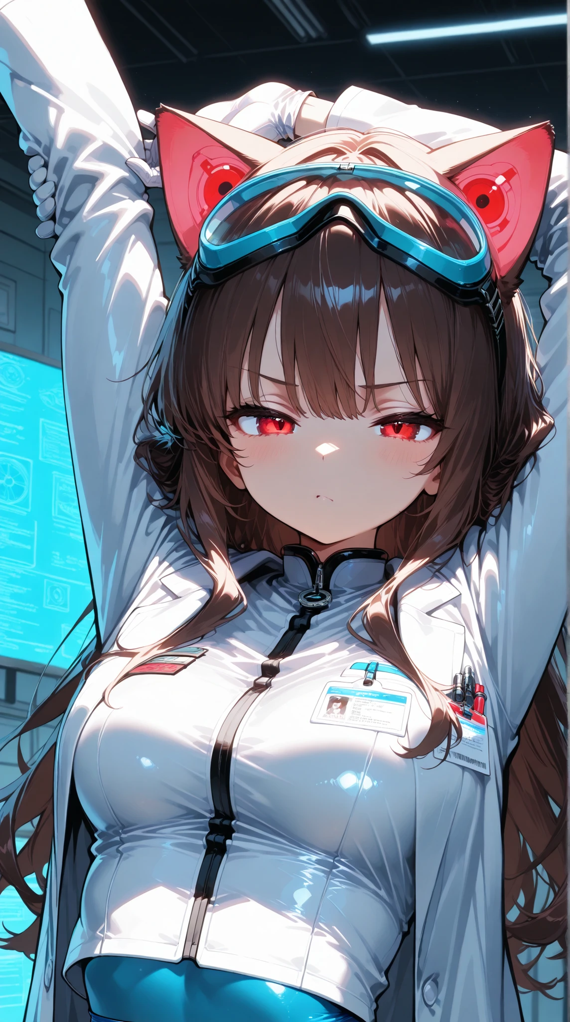 tall cute woman, massive breasts, wearing an opened red jacket with a white t-shirt, also wearing black pants, She has short dark red hair, wears a striped red and black scarf, also wearing red headphones, and a utility belt slinged across her shoulder, she is also wearing ski goggles on her head. She has a cold stern look on her face, arms and hands behind her back, Rainy dark background, masterpiece, best quality