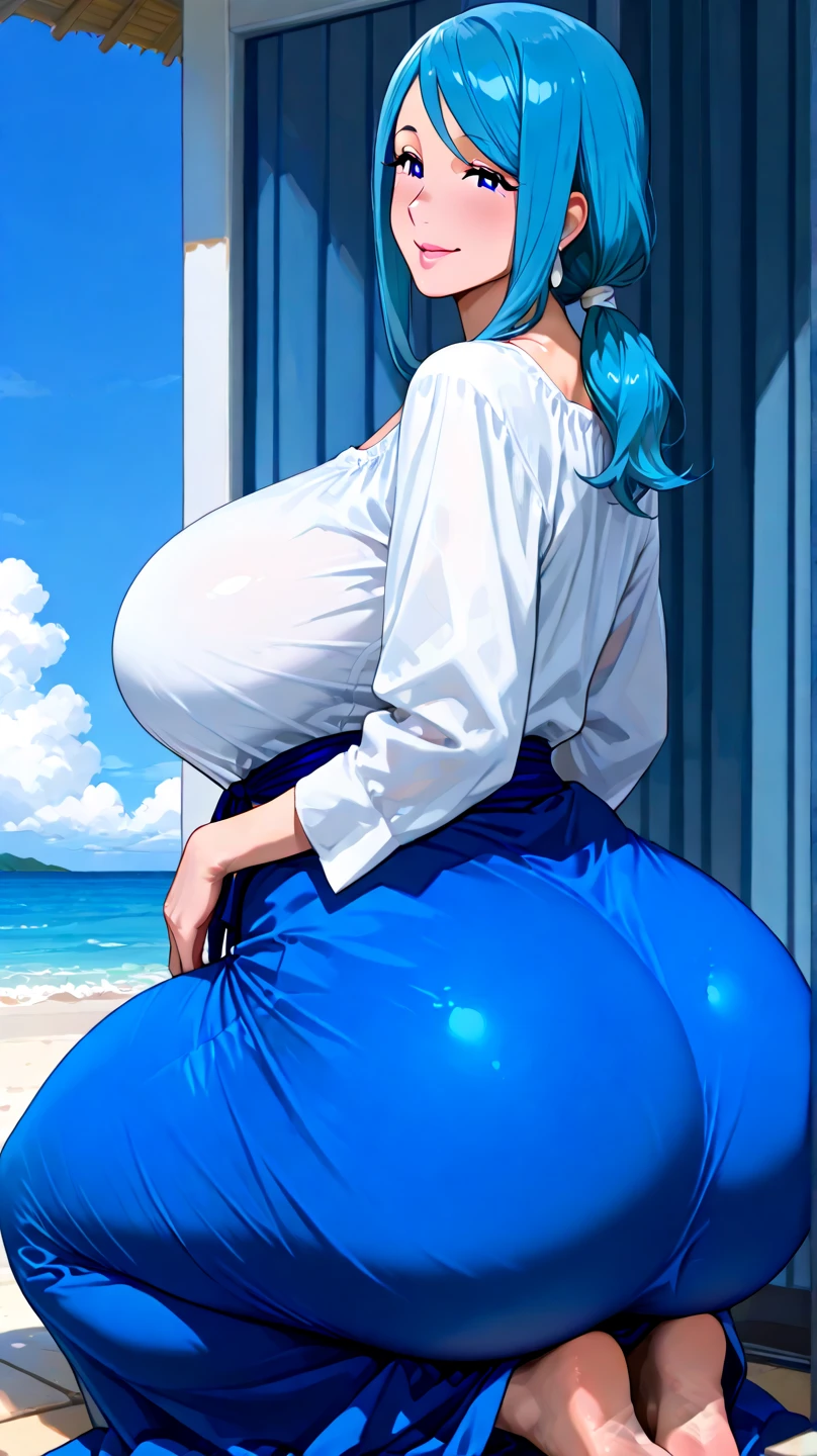 Ranma-chan, red hair, braided ponytail, wet top, ((erect under clothes)), visible through the too, perfect ass, beach scenery, seductive pose,1girl,((20 years old)) woman, detailed skin, sexy girl, solo, detailed eyes, big blue eyes, stunningly beautiful face, beach scenery, dramatic shadows, sunset light, dramatic light, romantic light, sexy feminine look, detailed background, provocative smile, big breasts, see through top, visible through the top, ((nipple)), long legs, thin waist, she is wearing ultra-fine top, short sexy pants, (((ultra-fine clothing material))), ((no bra)), ((no panty)), (((full body portrait))), 20yo woman, perfect ass, sfw, black military boots, standing, dynamic poses, ((covers her breast)) with hands, sfw, cropped TANGZHUANG, (underboob), sexy blue short skirt, view from rear
