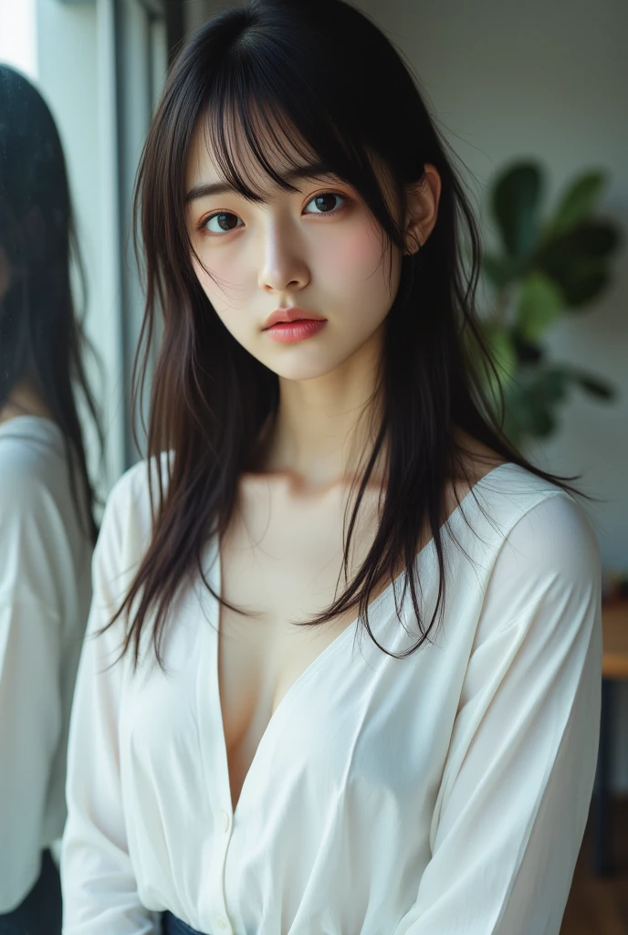 (1 nogizaka girl,15years old face,raw photo,photo realistic:1.5),(best quality, high quality,HDR, highest quality,ultra high resolution,high resolution,high res,ultra high difinition,huge file size,8K,2K wallpaper,8K wallpaper,high quality texture,amazing,an extremely delicate:1.4),one girl, Japanese famous idol,cute face,small face,absurd,ridiculous,incredibly ridiculous,blurry background,(school uniform,sailor suit,short hair,cleavage,no makeup:1.2),medium skin,beautiful skin,detailed skin,black hair,silky hair,black eyes,Japanese nose,5-fingers,(Light Particles, Lens Flare, Luminous Particles: 0.7),looking at viewer,small hands,bright lighting,professional lighting,girl