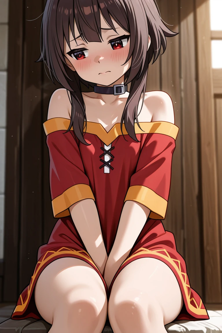 Perfect female shape, (1womanl), (Megumin), red robes, boots, (Wearing pantyhose), ((squatting with legs open)), The crotch is visible, Looking at the camera, (top-quality, ​masterpiece:1.2), (intricate detailes:1.4), (Photorealsitic:1.4), Front image, High resolution, high detailing, realistic skin textures, Detail Face, Very detailed CG Unity 16k wallpaper, make - up, (detailedbackground:1.2), shinny skin,