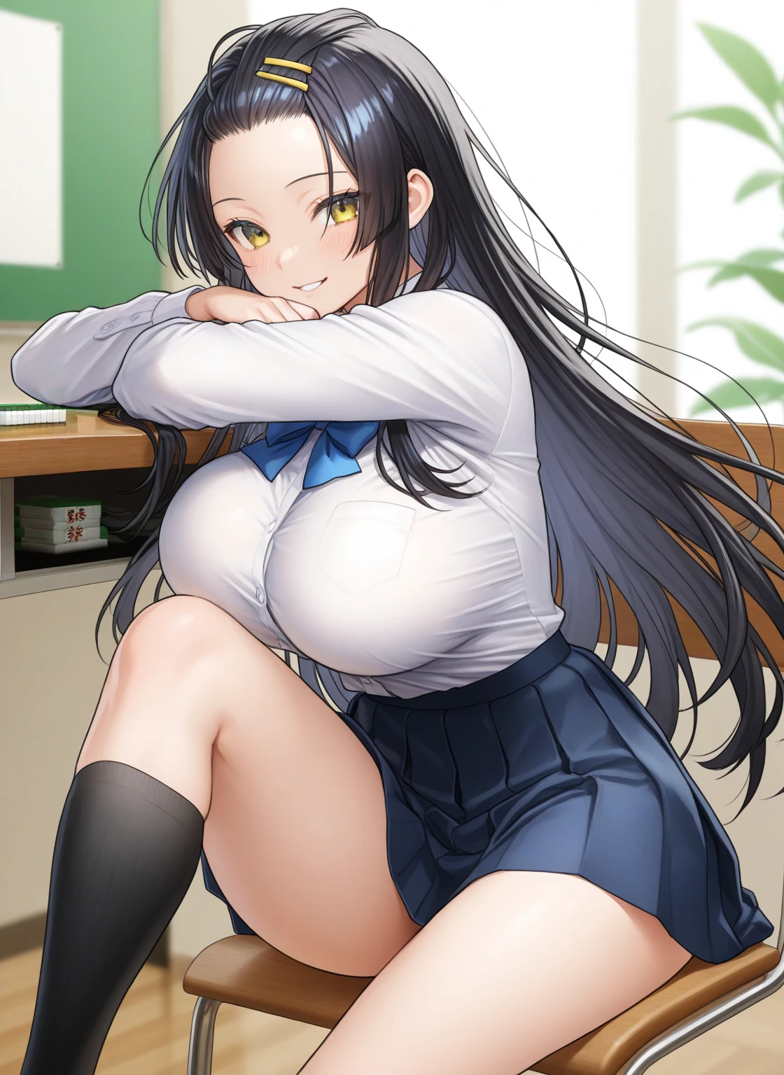(((Highest quality))),(((High resolution))),((Correct Anatomy))、((Sailor suit))、(((Long Hair))),(((Highest quality))),(((Correct Anatomy))),(((school uniform)))、((((Black panties)))), ((Black Pantyhose)),((Pleated skirt)),((Fancy Lingerie)),((Black knee-high stockings)),((A shy smile)),(Tabletop, Highest quality, High resolution, , Pixel perfect, 4K,), (((Mature MILF)))、(One mature woman)、((Long Hair))、((ponytail))、I could see the whole body, Soft Breasts, Dynamic Angle, Perfect body, ((Earrings、necklace,Pleated skirt)),Office chair、sit