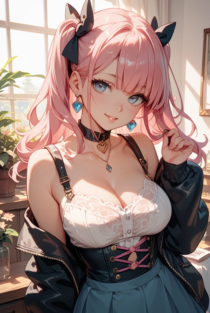 ((Highest quality, 8k, masterpiece :1.3)), (Sharp focus :1.2, Beautiful woman with perfect figure :1.4, Slim Abs), ((Big Breasts, Emphasize cleavage:1.2)), (Photorealistic:1.4), (realistic:1.4), (Pink Hair:1.5), Highly detailed face and skin texture, Fine grain, double eyelid. Makeup face, A little bit of lipstick, sex appeal, Sexy gravure pose, ((A high school girl wearing a pink ribbon blouse and a navy pleated skirt。In the background is the cafeteria、The sunlight coming through the window is warm.。She is smiling and posing sexy with one hand on the counter.。A hairband and a silver bracelet are her accessories.。:1.3))