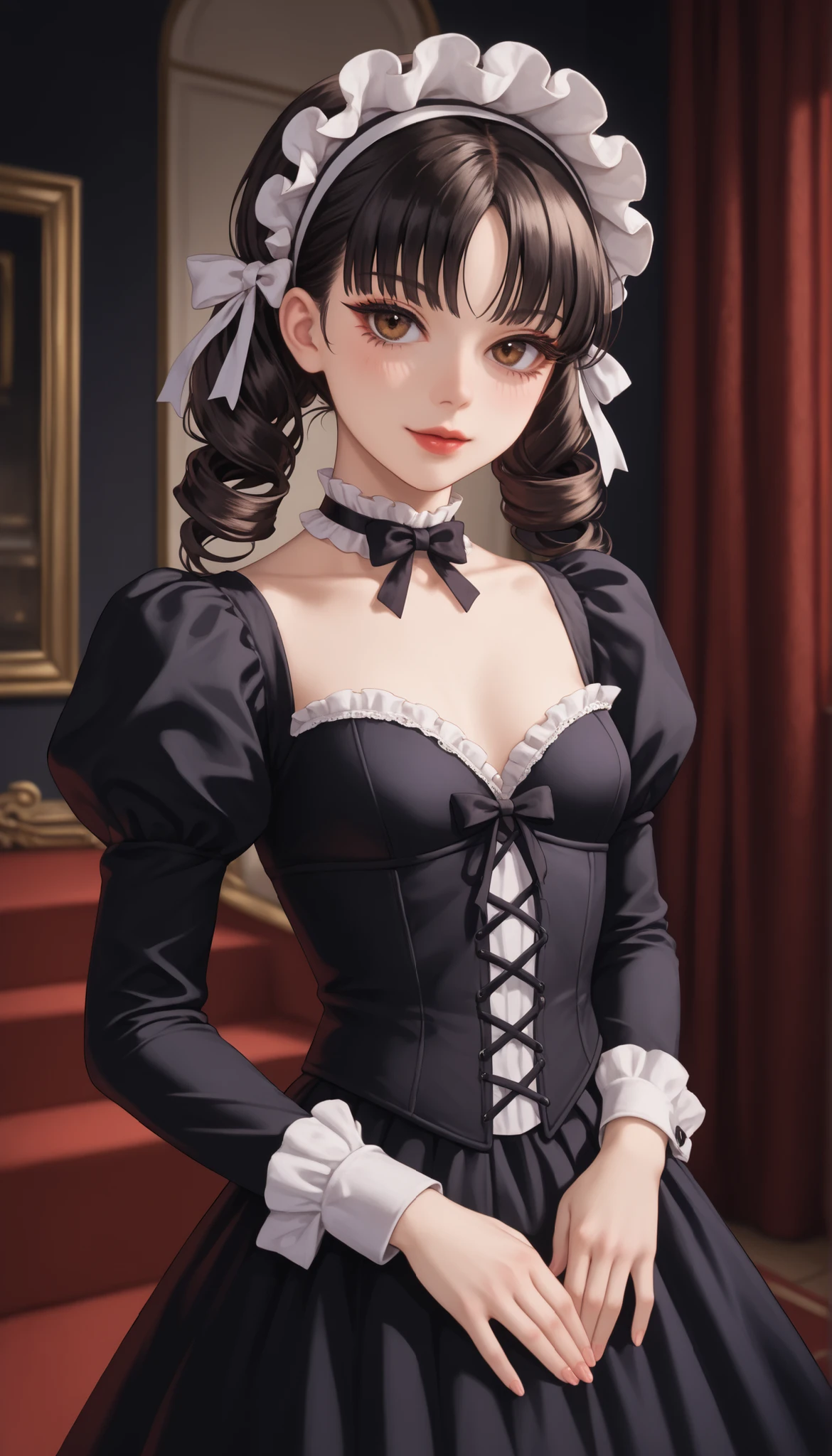 (ultra-detailed), (Ultra-high resolution), (8k), (HD), (High Quality), (Top quality), (High-Detailed), (Detailed CG), (Cinematic Shadow:1.0), (Beautiful Detailed Eyes), (Ultra Resolution), (Depth of Field), (High Resolution), (Masterpiece), (best quality), (amazing quality), (very aesthetic), (perfect eyes), (Anime Art style), (look at viewer), (cowboy shot), 1girl, gothic ta, Tomie, (solo:1.4), long jet black hair styled into dramatic, flowing drill twintails that cascade down both sides, each curl perfectly sculpted and voluminous, symmetrical and elegant, with sharp straight-cut bangs across the forehead and soft sidelocks framing the face, large, expressive anime-style brown eyes with a soft glossy sheen, slightly glassy and reflective, surrounded by long dark lashes, subtle dark circles or puffiness beneath the eyes for a delicate, melancholic look, slightly widened for a doll-like appearance, pale white face make, sickly puffy eyes, red glossy lips, A gothic ta girl in a highly detailed black and white dress made of soft cotton, velvet, and intricate lace. A tightly laced black lace corset with delicate white satin ribbons and fine black lace overlay. Her voluminous long black sleeves are puffed and trimmed with layered white frills and ruffled lace. She wears a flowing black velvet overskirt with ornate lace panels and an underskirt of layered white ruffled fabric. The design includes abundant lacework and frilly accents throughout. She wears thigh-high white lace-trimmed stockings, tall black lace-up boots, a large black lace bonnet adorned with floral embroidery and bows, and a delicate black lace choker. The overall look is rich in fabric texture, elegant and darkly romantic, small breasts, slender build, long slender legs, standing in a elegant pose, hands by side, arms by side, a gothic Versailles-inspired background with melancholic atmosphere, dynamic angle
