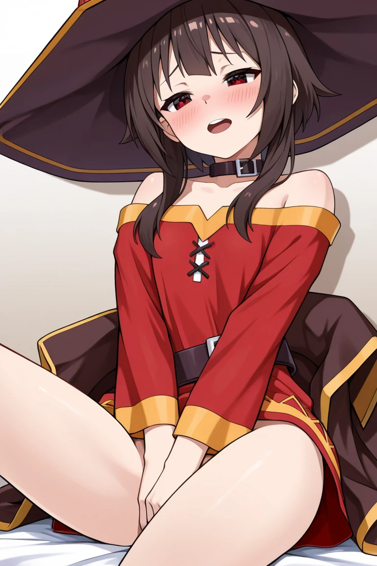 bunbun masterpiece, highest quality, Megumin, 1 girl, bare shoulders, black cape, black gloves, black hair, cape, choker, clavicle, dress, hair between eyes, have, long sleeve, looking at the viewer, medium hair, off-shoulder dress, off shoulder, red dress, red eyes, side lock, alone, witch have, indoors,(masterpiece), delicate, very detailed, (watercolor), bloom, figure, (bottom up), (1 girl:1.4), (alone:1.2), (beautiful eyes, shining eyes, purple eyes), (fluffy hair), photo shoot, studio quality, fisheye lens, (highest quality, shining light, blushed, sensual face, It was glaring, shiny skin, super detailed), ( naked 、thighs,お乳 butt, butt, from below, 黒色panties, white panties, show punny), sexy, (detailed background, complex background, Japanese-style house, Japanese atmosphere), phRem, blushed, (perfect face, detailed face, fine eyes,perfect hands,perfect fingers), cowboy shot, ((8k wallpaper))((panties:1.8))((cleavage:1.8))((thighs:1.8))((open your legs to the sides:1.8))((pee:1.8))