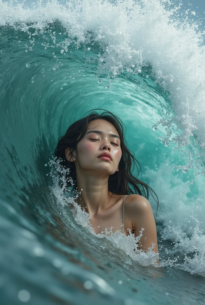 Best quality, masterpiece, super high resolution, 1 girl who hides her face and cries bitterly, beautiful_face, delicate skin, jade water, water, waves