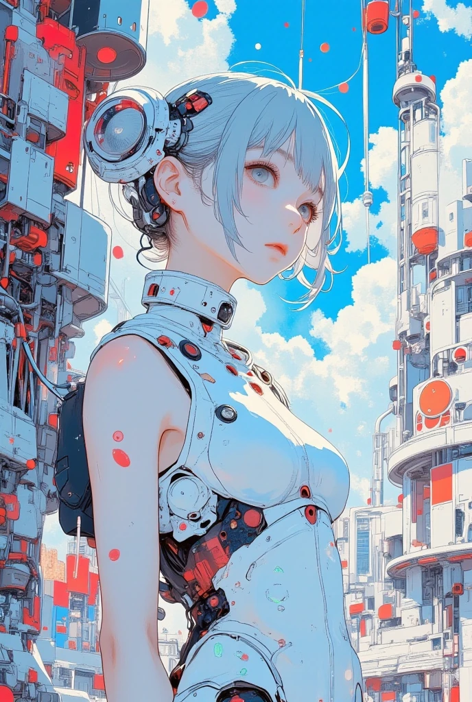 ((((masterpiece))), ((Highest quality))), ((Super detailed)), (CG illustration), ((Very delicate and beautiful)),(From the side),Cinematic Light, ((1. Mechanical Girl)), single, whole body, (Machine-made joints: 1.2), ( (Mechanical Limbs)), (Blood vessels connected to tubes), (Mechanical spine connected to the back), ((Mechanical cervical spine attached to the neck)), (Sitting), Force yourself to laugh, (Wires and cables around the neck: 1.2), (Overhead wires and cables: 1.2) (Character Focus), sf, Very thin, Colored, The finest white hair, Red eyes, In combat, (Knotted), (kill), (1 immortal)