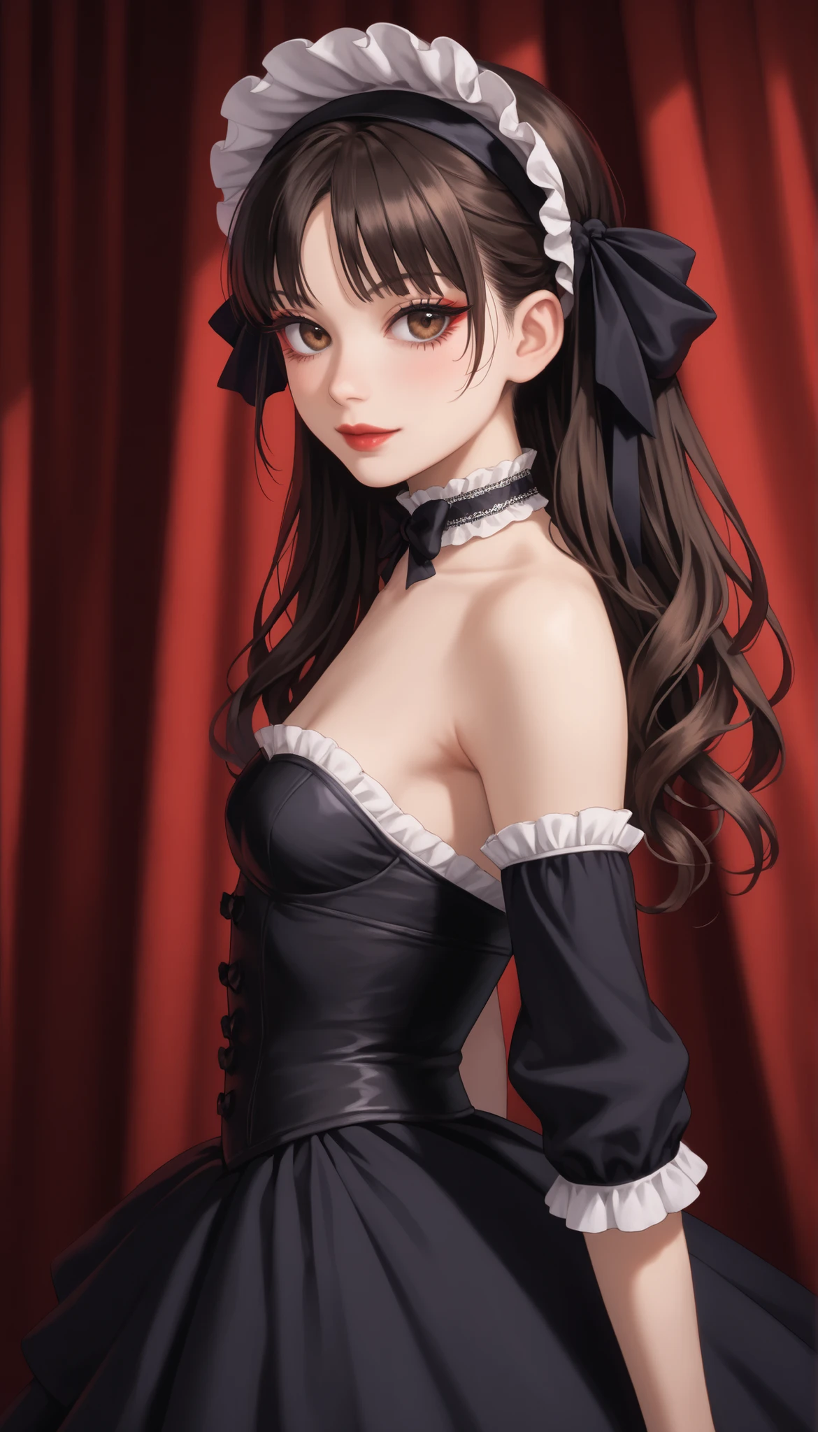 (ultra-detailed), (Ultra-high resolution), (8k), (HD), (High Quality), (Top quality), (High-Detailed), (Detailed CG), (Cinematic Shadow:1.0), (Beautiful Detailed Eyes), (Ultra Resolution), (Depth of Field), (High Resolution), (Masterpiece), (best quality), (amazing quality), (very aesthetic), (perfect eyes), (Anime Art style), (look at viewer), (cowboy shot), 1girl, gothic ta, Tomie, (solo:1.4), extremely long jet black hair styled into dramatic, flowing drill twintails that cascade down both sides, each curl perfectly sculpted and voluminous, symmetrical and elegant, with sharp straight-cut bangs across the forehead and soft sidelocks framing the face, large, expressive anime-style brown eyes with a soft glossy sheen, slightly glassy and reflective, surrounded by long dark lashes, subtle dark circles or puffiness beneath the eyes for a delicate, melancholic look, slightly widened for a doll-like appearance, pale white face make, sickly puffy eyes, red glossy lips, A gothic ta girl in a highly detailed black and white dress made of soft cotton, velvet, and intricate lace. A tightly laced black lace corset with delicate white satin ribbons and fine black lace overlay. Her voluminous long black sleeves are puffed and trimmed with layered white frills and ruffled lace. She wears a knee length flowing black velvet overskirt with ornate lace panels and an underskirt of layered white ruffled fabric. The design includes abundant lacework and frilly accents throughout. She wears thigh-high white lace-trimmed stockings, tall black lace-up boots, a large black lace bonnet adorned with floral embroidery and bows, and a delicate black lace choker. The overall look is rich in fabric texture, elegant and darkly romantic, small breasts, slender build, long slender legs, standing in a elegant pose, hands by side, arms by side, a gothic Versailles-inspired background with melancholic atmosphere, dynamic angle