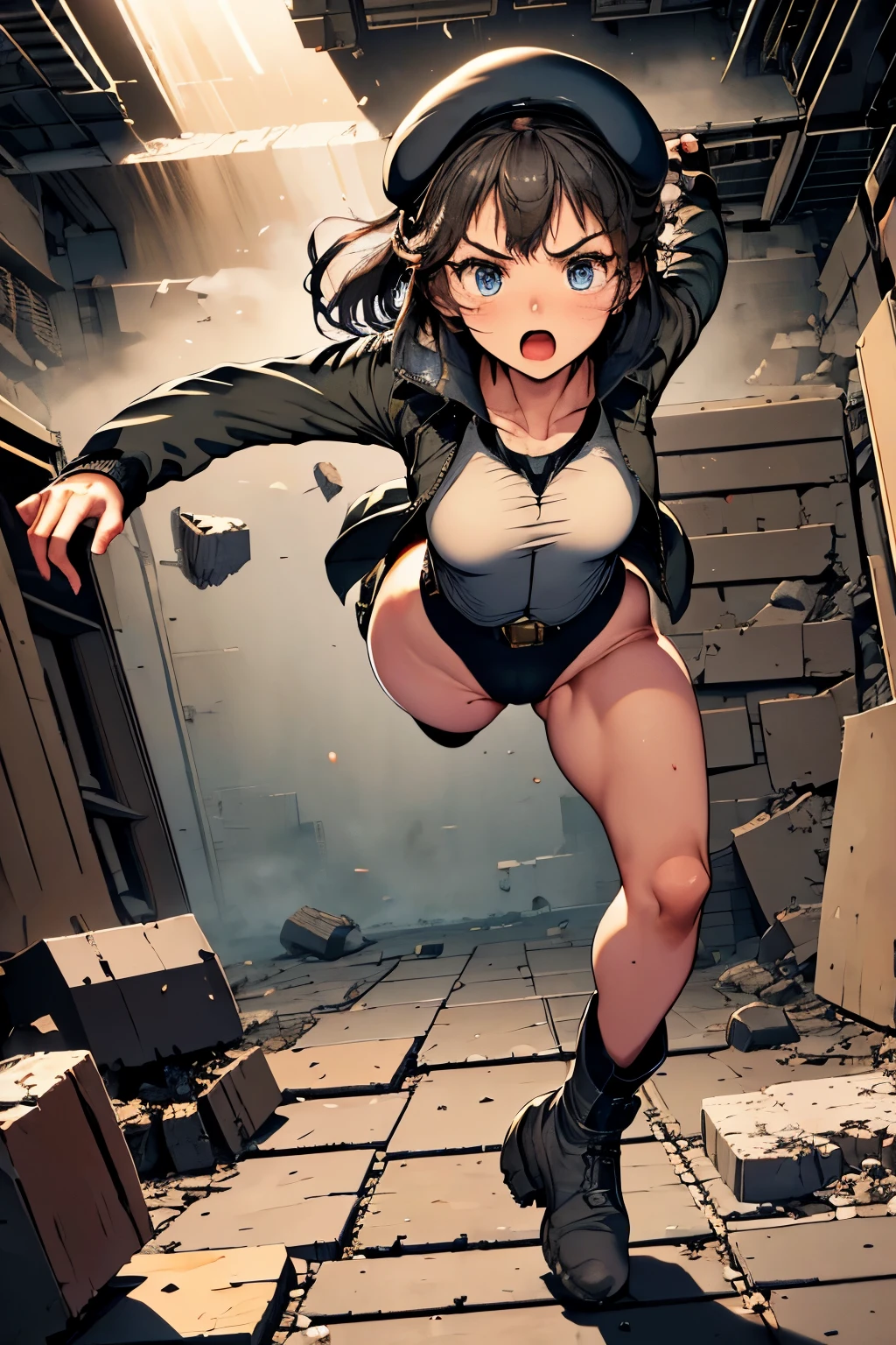 masterpiece , best quality, highres ,1girl,black long hair ,Angry face , beret, blue eyes, black gymnastics bloomers,high leg,self wedgie , flat chest , sleeveless,Victorian blouse, gloves, ultra detailed , Standing, (masterpiece, best quality, anime style, realistic military theme, tactical movement), girl in modified modern military uniform, tactical jacket and black gymnastics bloomers,high leg ,self wedgie,with armor pads, equipped with assault rifle held at the ready, moving alongside a modern main battle tank, dust and debris in the air, crouched or low-running posture, alert expression, helmet with headset and goggles, utility belt and combat boots, battlefield background with smoke, destroyed buildings, spent shells, cinematic lighting and war atmosphere
wearing a black gymnastics bloomers,high leg ,self wedgie