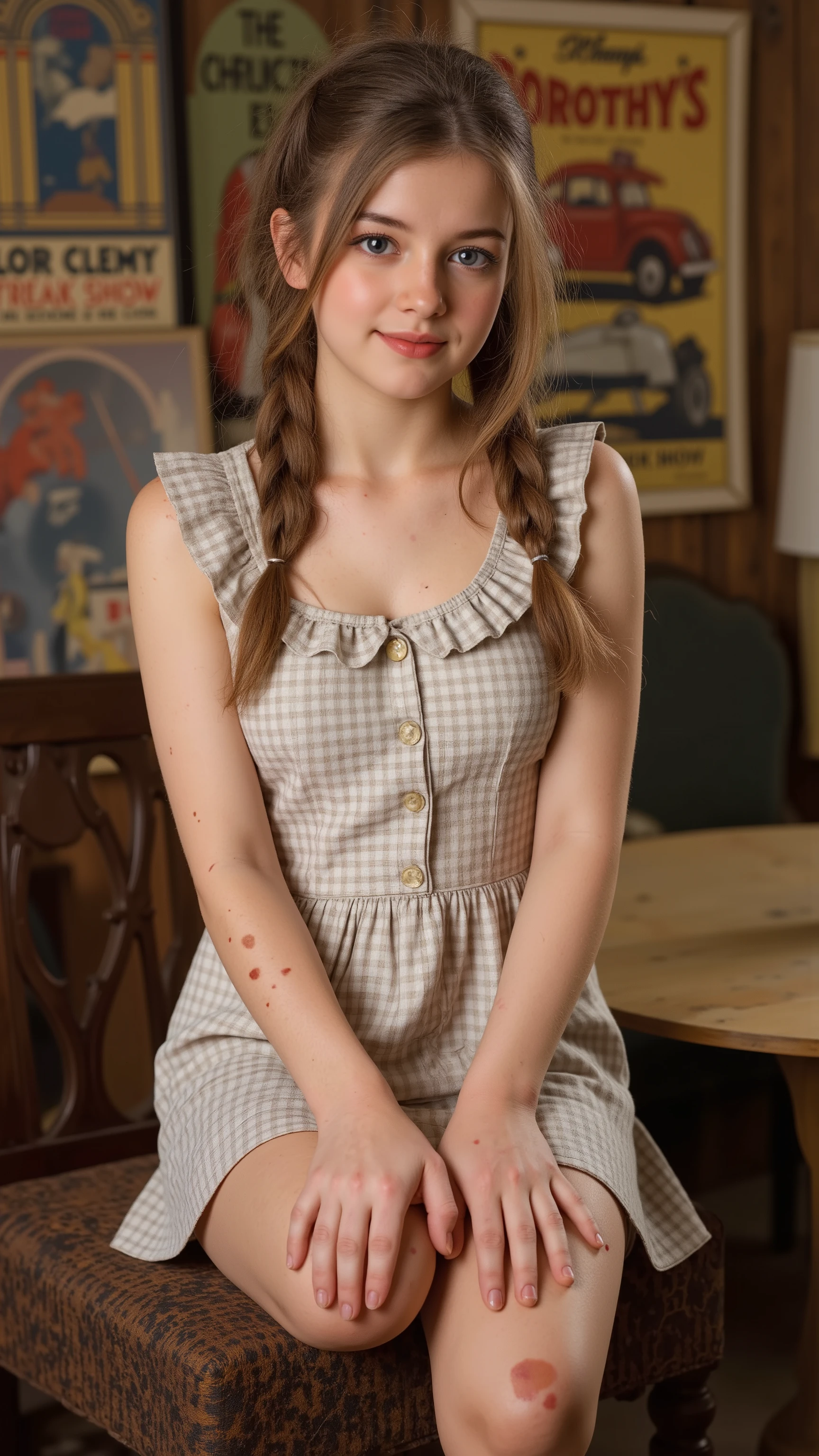 60slora,quad amputee,
19th Century Alabama,
NSFW,
photorealism,
((scene from live-action film)),
incredibly detailed,
19th century circus tent interior,
Circus promotional posters,
Dorothy is now a cheap spectacle,
Dorothy's smile is clouded by the hardships she has had in life,
Dorothy is a beautiful girl,
Dorothy is an amputee,
Dorothy is sitting,
Dorothy has brownish blonde hair in a messy braid,
Dorothy is wearing a light gingham dress,
the dress is very short and exposes her thighs,
Dorothy has many smallpox scars,
Dorothy is dirty,
In the background there is a sign that reads Dorothy's Freak Show,