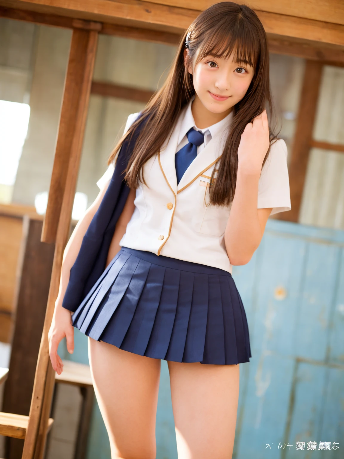 uniform、Wind、Exposed crotch、blush、White panties、A big smile、bangs、Beauty、