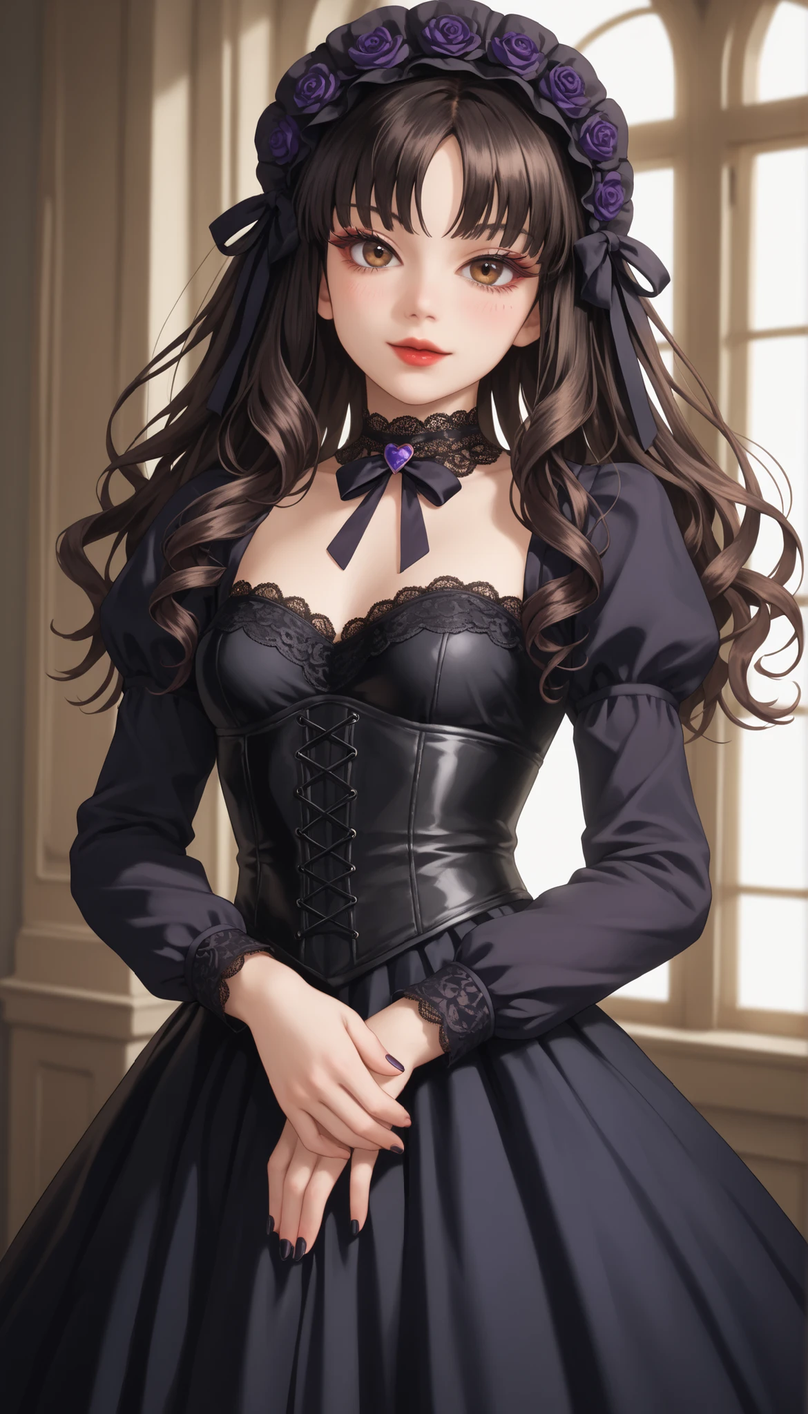 (ultra-detailed), (Ultra-high resolution), (8k), (HD), (High Quality), (Top quality), (High-Detailed), (Detailed CG), (Cinematic Shadow:1.0), (Beautiful Detailed Eyes), (Ultra Resolution), (Depth of Field), (High Resolution), (Masterpiece), (best quality), (amazing quality), (very aesthetic), (perfect eyes), (Anime Art style), (look at viewer), (cowboy shot), 1girl, gothic ta, Tomie, (solo:1.4), extremely long jet black hair styled into dramatic, flowing drill twintails (drilltails) that cascade down both sides, each curl perfectly sculpted and voluminous, symmetrical and elegant, with sharp straight-cut bangs across the forehead and soft sidelocks framing the face, large, expressive anime-style brown eyes with a soft glossy sheen, slightly glassy and reflective, surrounded by long dark lashes, subtle dark circles or puffiness beneath the eyes for a delicate, melancholic look, slightly widened for a doll-like appearance, pale white face make, sickly puffy eyes, red glossy lips, A gothic ta girl in a highly detailed black and white dress made of soft cotton, velvet, and intricate lace. A tightly laced black lace corset with delicate white satin ribbons and fine black lace overlay. Her voluminous long black sleeves are puffed and trimmed with layered white frills and ruffled lace. She wears a flowing black velvet overskirt with ornate lace panels and an underskirt of layered white ruffled fabric. The design includes abundant lacework and frilly accents throughout. She wears thigh-high white lace-trimmed stockings, tall black lace-up boots, a large black lace bonnet adorned with floral embroidery and bows, and a delicate black lace choker. The overall look is rich in fabric texture, elegant and darkly romantic, small breasts, slender build, long slender legs, standing in a elegant pose, hands by side, arms by side, a gothic Versailles-inspired background with melancholic atmosphere, dynamic angle