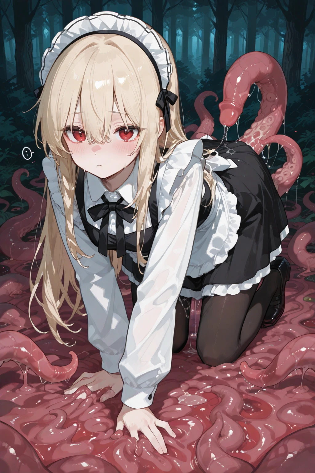 Blonde, octopus tentacles inserted in pussy, octopus tentacles inserted deep in mouth, legs spread in M position, legs spread, octopus tentacles attached to chest, blushing, drooling, tears, climax, 2 holes being tortured by octopus tentacles, nipples, blindfold, hands tied upwards to octopus tentacles, armpits, creampied, blindfolded, Kanzaki Ranko, legs spread in M position, octopus tentacles wrapped around, small breasts, tentacles enjoying the taste of nipples, 1 girl, tentacles inserted in pussy
